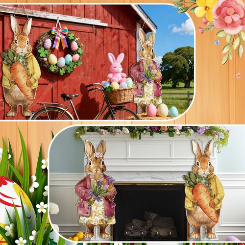Anglechic Large Easter Bunny Door Sign - 12.1 x 29.3 Inch Wooden Porch Decor with Floral Carrot