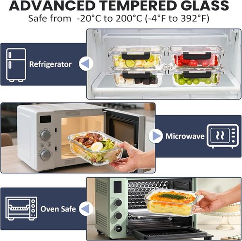 HOTEC 35oz Glass Food Storage Containers - Airtight Lunch & Fruit Containers, 4-Pack | Microwave & Dishwasher Safe