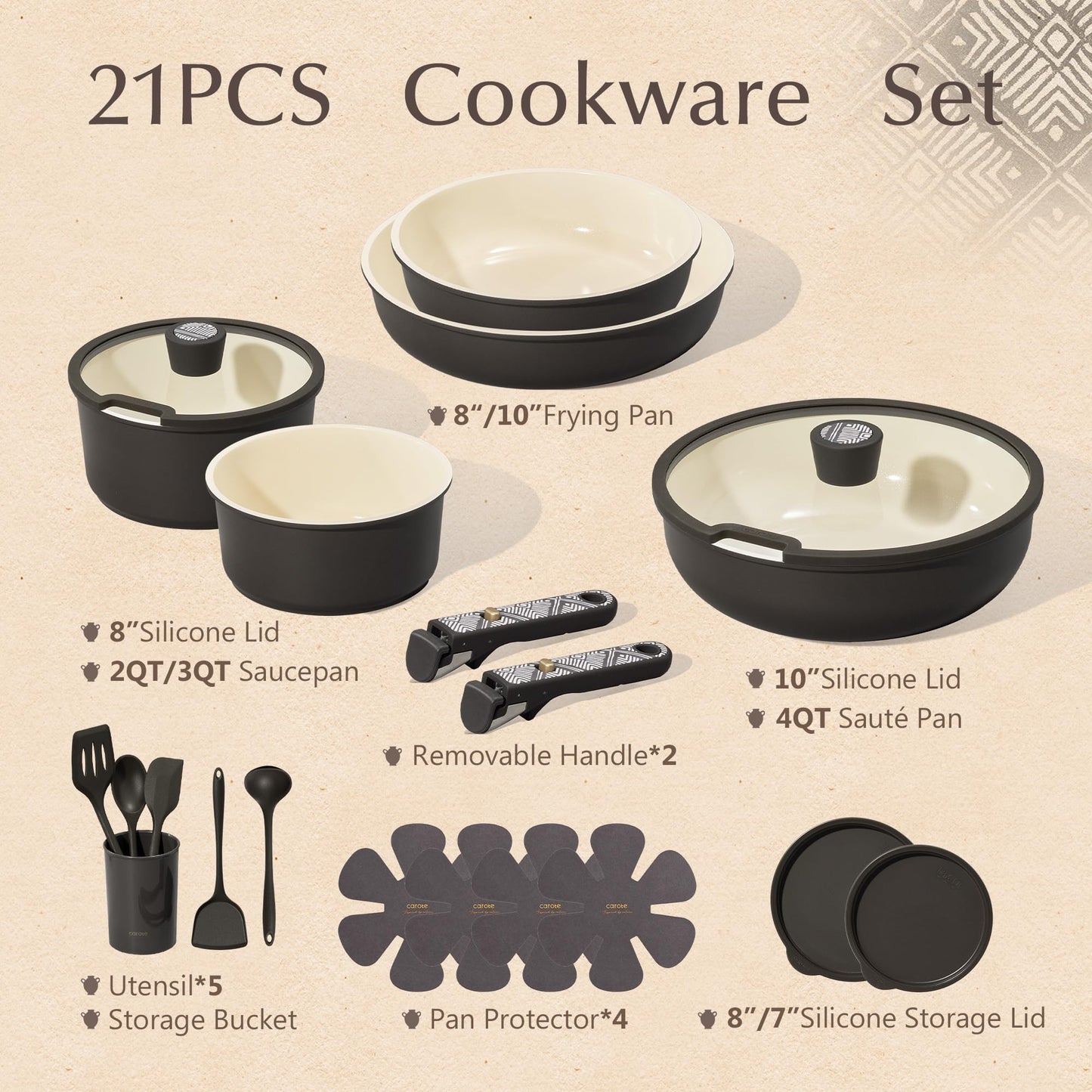 CAROTE 21-Piece Ceramic Cookware Set, Nonstick Pots and Pans Set with Detachable Handle, Non-Toxic Kitchen Cooking Set, Induction Compatible, Dishwasher & Oven Safe, Charcoal, Mothers Day Gifts