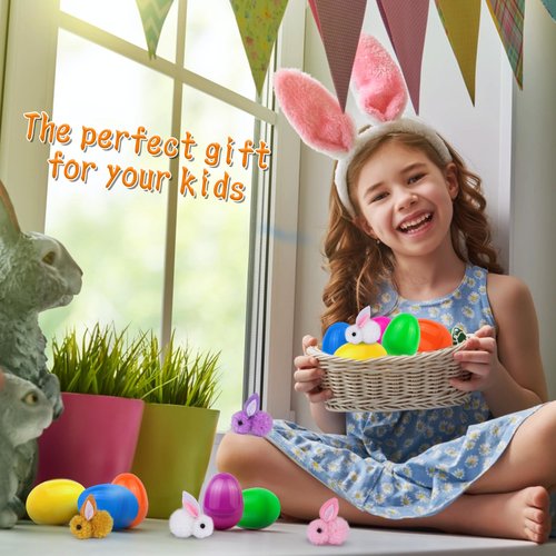 24 Pack Easter Egg Fillers with Easter Bunny Plush, Easter Eggs with Toys Inside, Mini Stuffed Animals Filled Easter Eggs Hunts Party Favors, Easter Basket Stuffers for Kids Toddler Teens Boys Girls