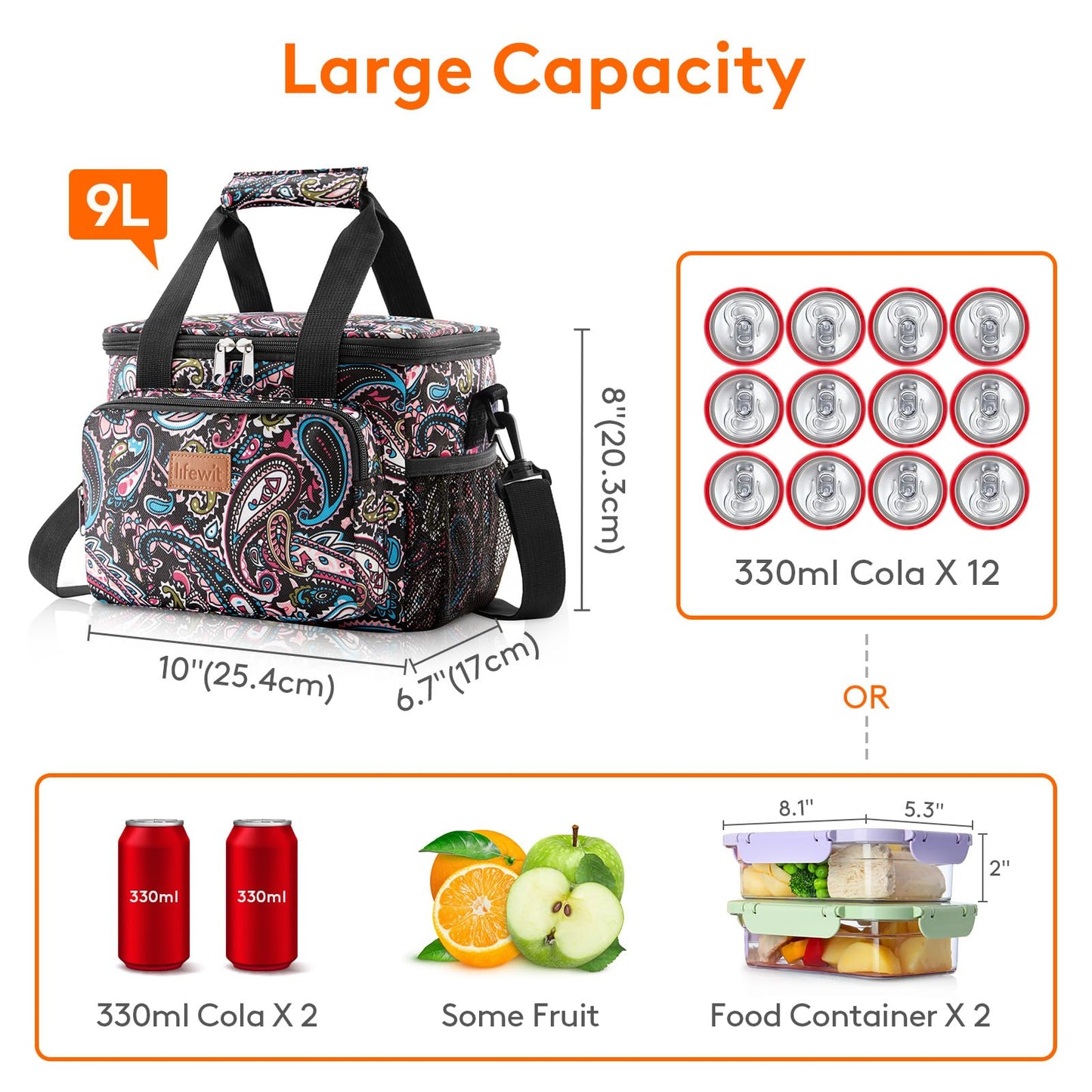 Lifewit Medium Lunch Bag, Insulated Lunch Box, Soft Cooler Cooling Tote for Adult Men Women, Paisley 12-Can (9L)