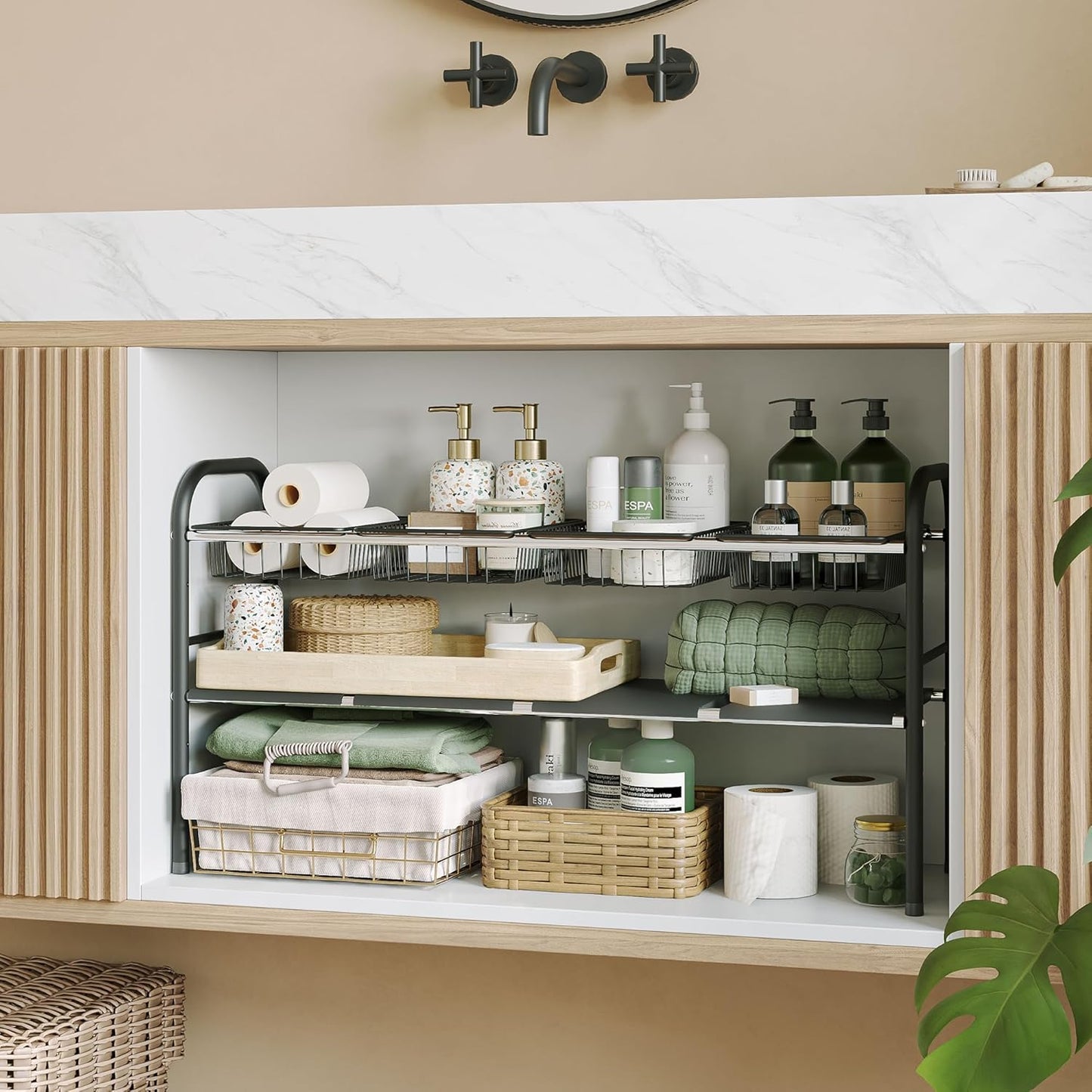 NETEL Under Sink Organizer - 2-Tier Expandable Cabinet Shelf with 4 Baskets & Panels | Ideal for Kitchen & Bathroom Storage