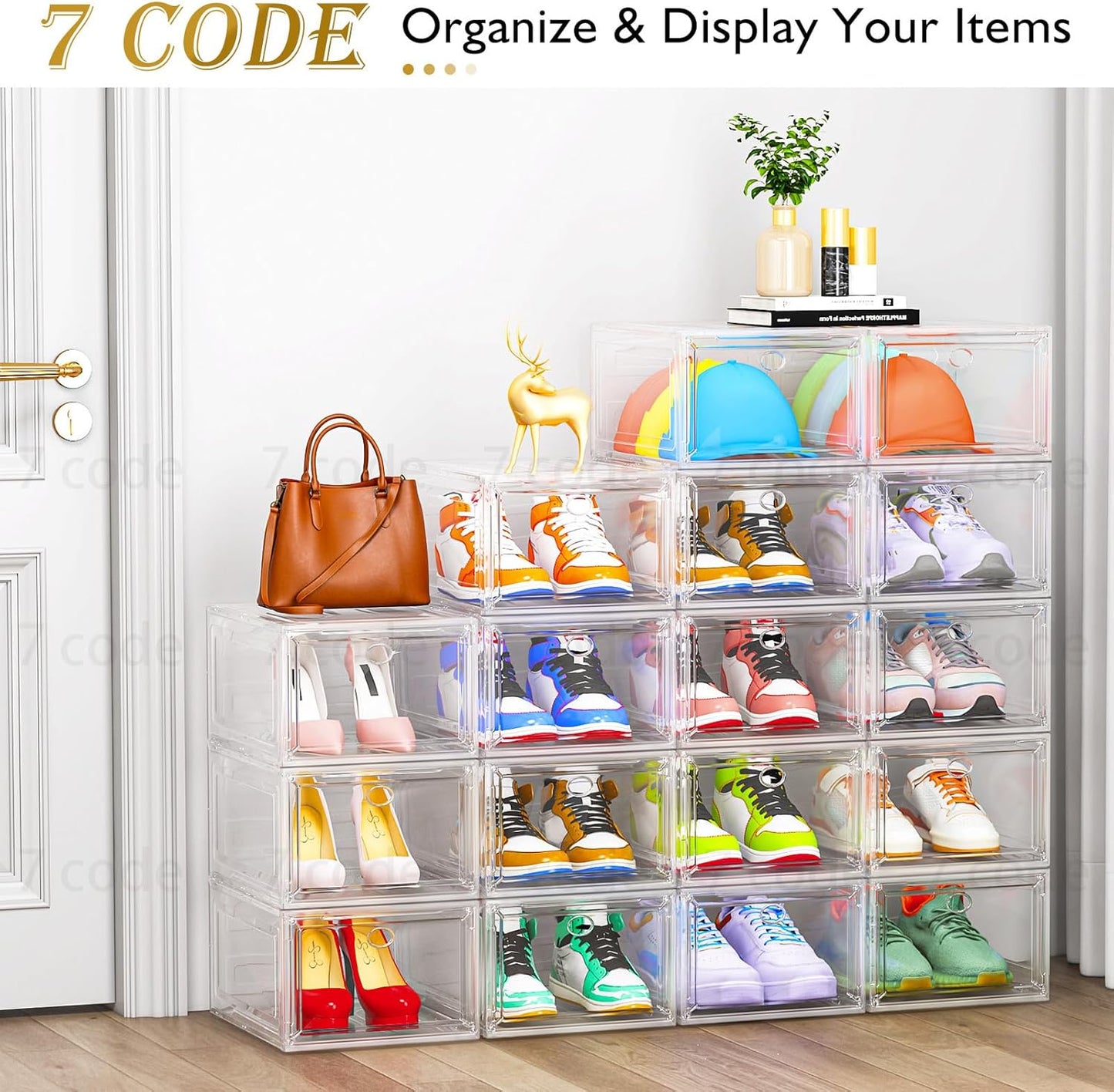 Skiennix Clear Shoe Storage Organizer - Sturdy Stackable Boxes with Magnetic Door | 6-Pack White