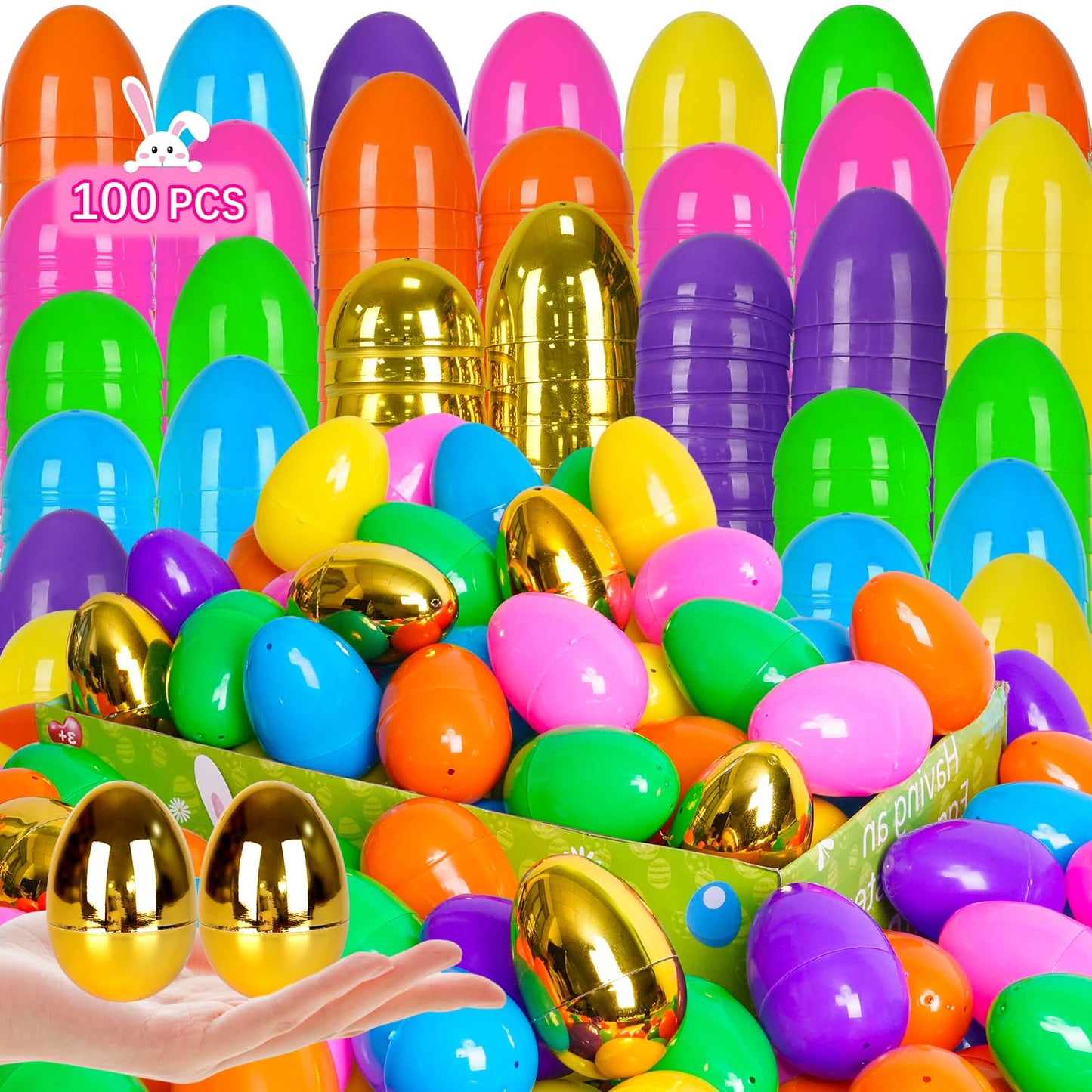 ZICZLI 100 PCS 2.4" Plastic Easter Eggs with 6 Golden Eggs, Empty Fillable Bright Colorful Eggs for Kids Boys Girls Easter Hunt Classroom Prizes Basket Stuffers Easter Party Favors