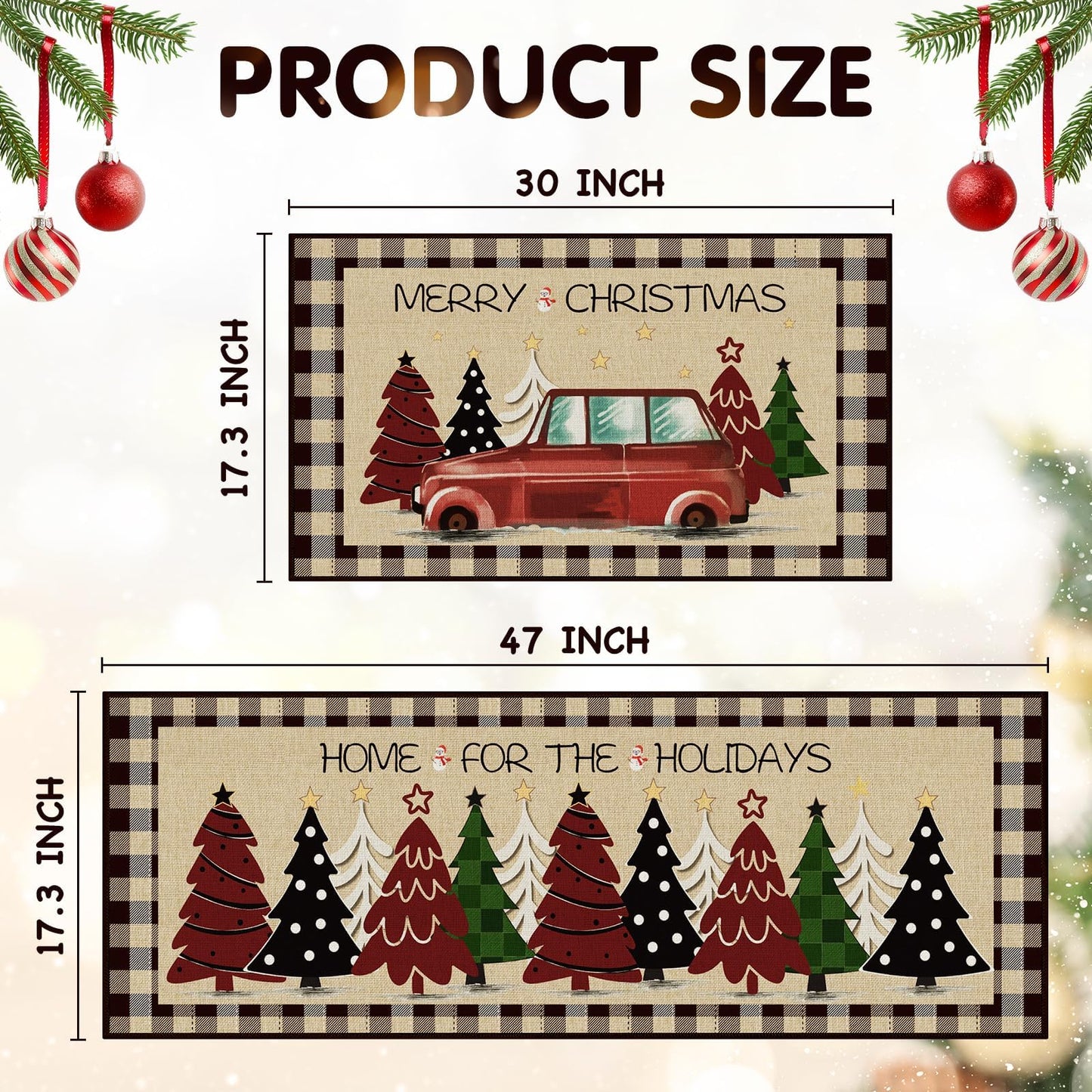 StepRite Kitchen Mats for Floor, 2 PCS Christmas Kitchen Rugs, Non-Slip Bottom with Christmas Tree Print, Low-Profile Mat for Home, Office, Sink, Kitchen,Hallway,Holiday Decor(17”x30”+17”x47”-Brown)
