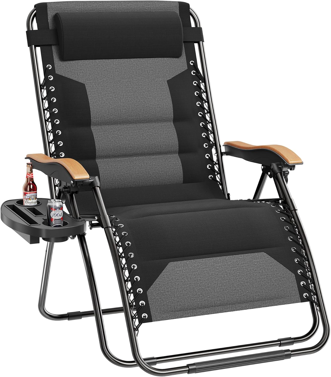 PHI VILLA XXL Oversized Padded Zero Gravity Chair - Foldable Patio Recliner with Cup Holder | Supports 400 LBS (Black)