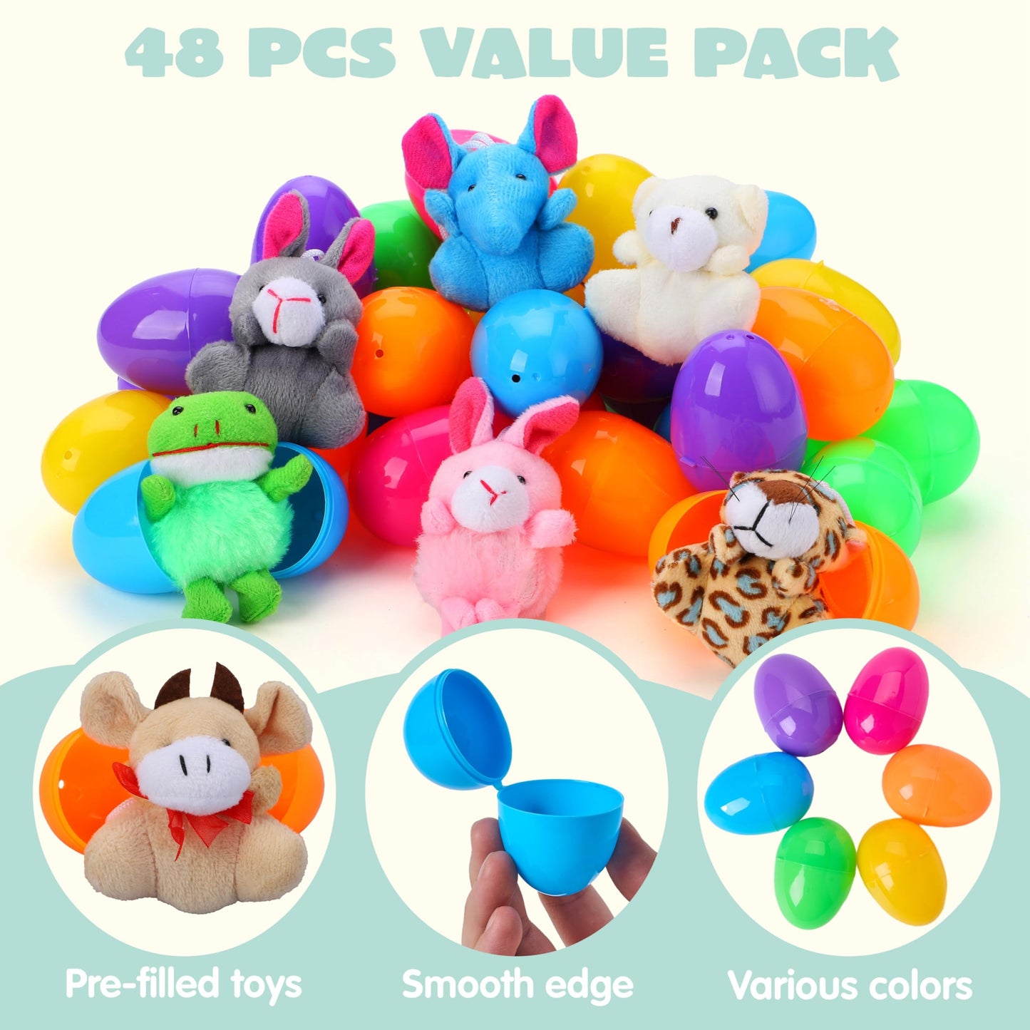JOYIN 48 Pcs Prefilled Easter Eggs Filled with Plush Animal Toys for Easter Eggs Hunt, Basket Stuffers Fillers, Kids Party Favor, Classroom Prize Supplies