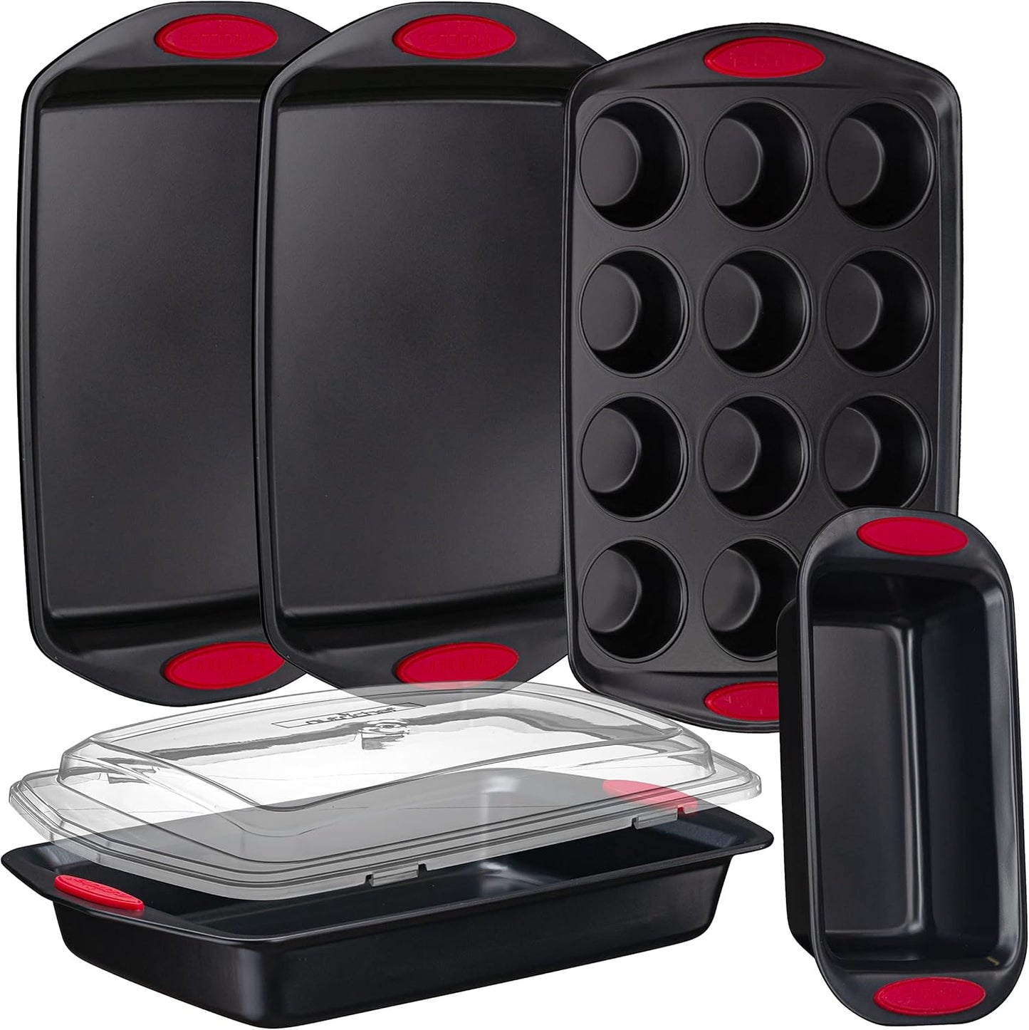 NutriChef 6-Piece Baking Pan Set - Nonstick Carbon Steel Bakeware with Red Silicone Handles | Includes Cookie Sheets, Roaster Pan, Loaf Pan & Muffin Pan (Black)