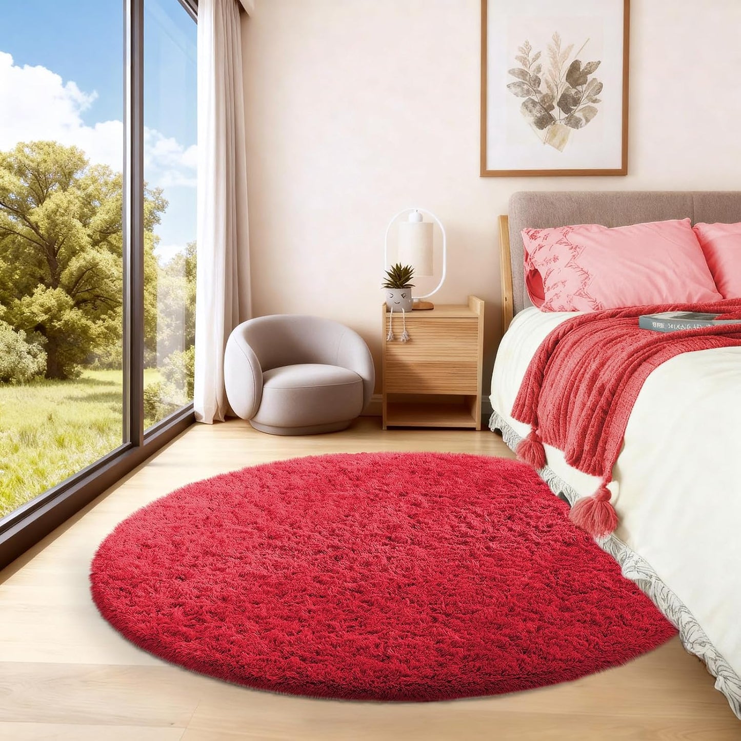 Ophanie Round Rug - 4Ft Red Circle Area Rug | Soft Shaggy Plush Carpet for Nursery & Living Room