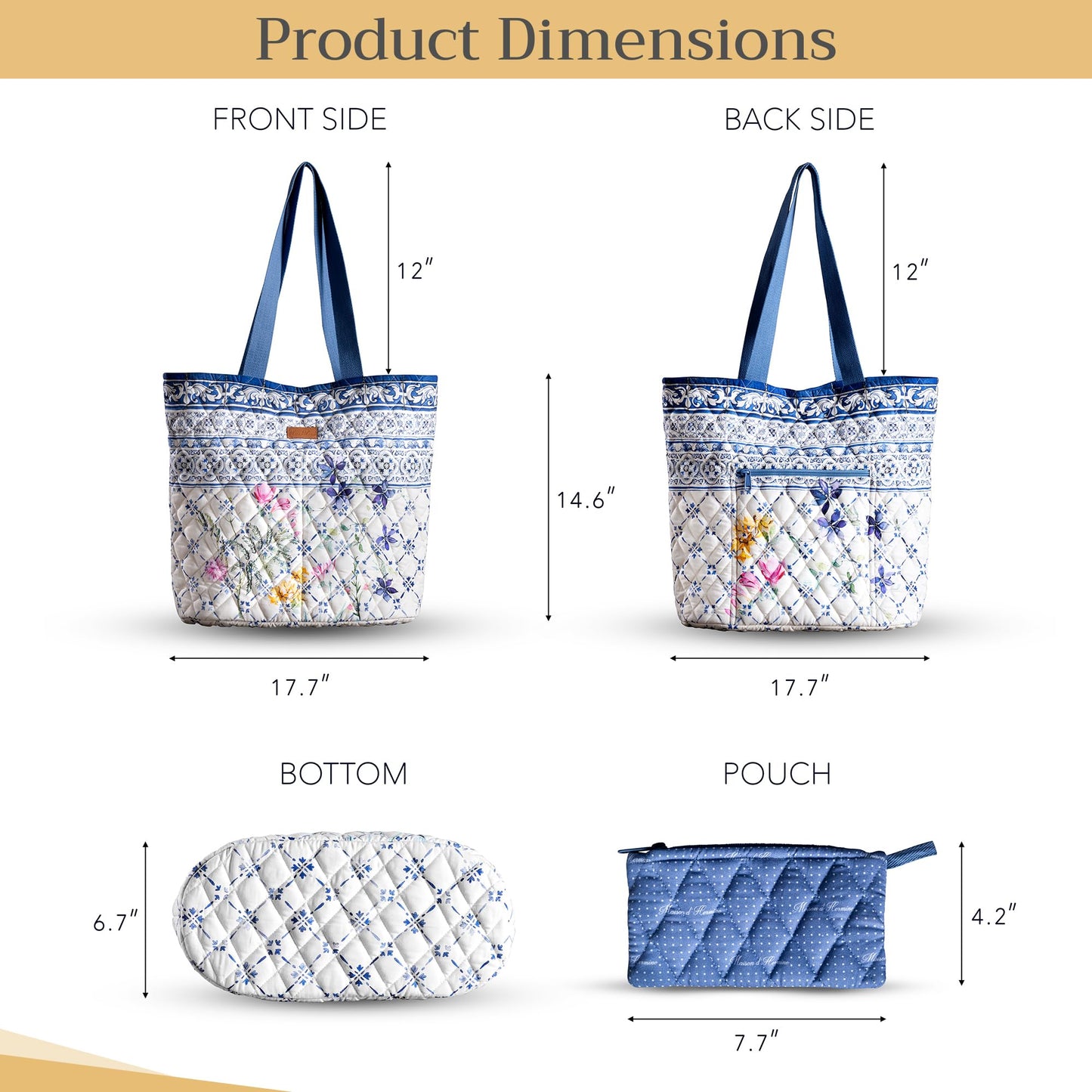 Maison d' Hermine Shopping Bags Cotton Quilted Tote Bag with Zipper Pockets & Small Pouch Reusable Shoulder Grocery Bag for Gifts Beach Travel Perfect for Mothers Day Gifts Men Women (Faience)