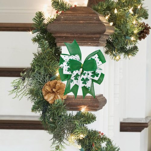 Clover Patrick's Day Wreath Bow - Green Shamrock DIY Craft Ribbon Ornament | 9.5 x 13 Inch