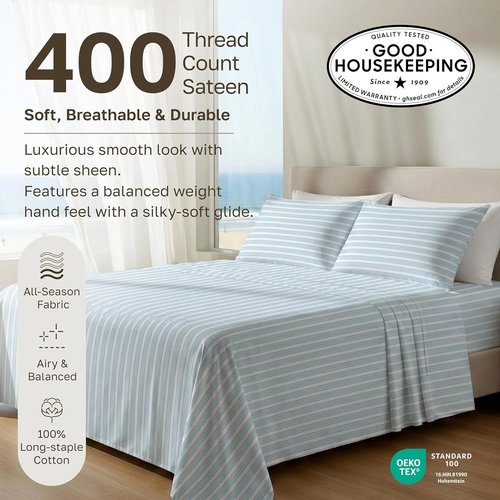 California Design Den Twin XL Cotton Sheets Set - 100% Soft Cotton, 400 Thread Count, Award-Winning Cape Stripe Blue