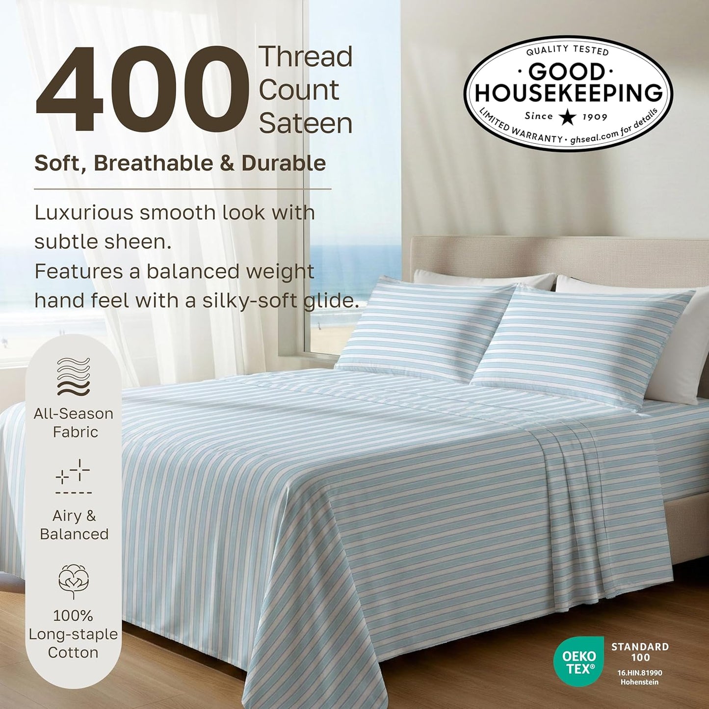 California Design Den 100% Cotton Sheets Set - Award-Winning Cal King Size with Deep Pockets, Cape Stripe Blue