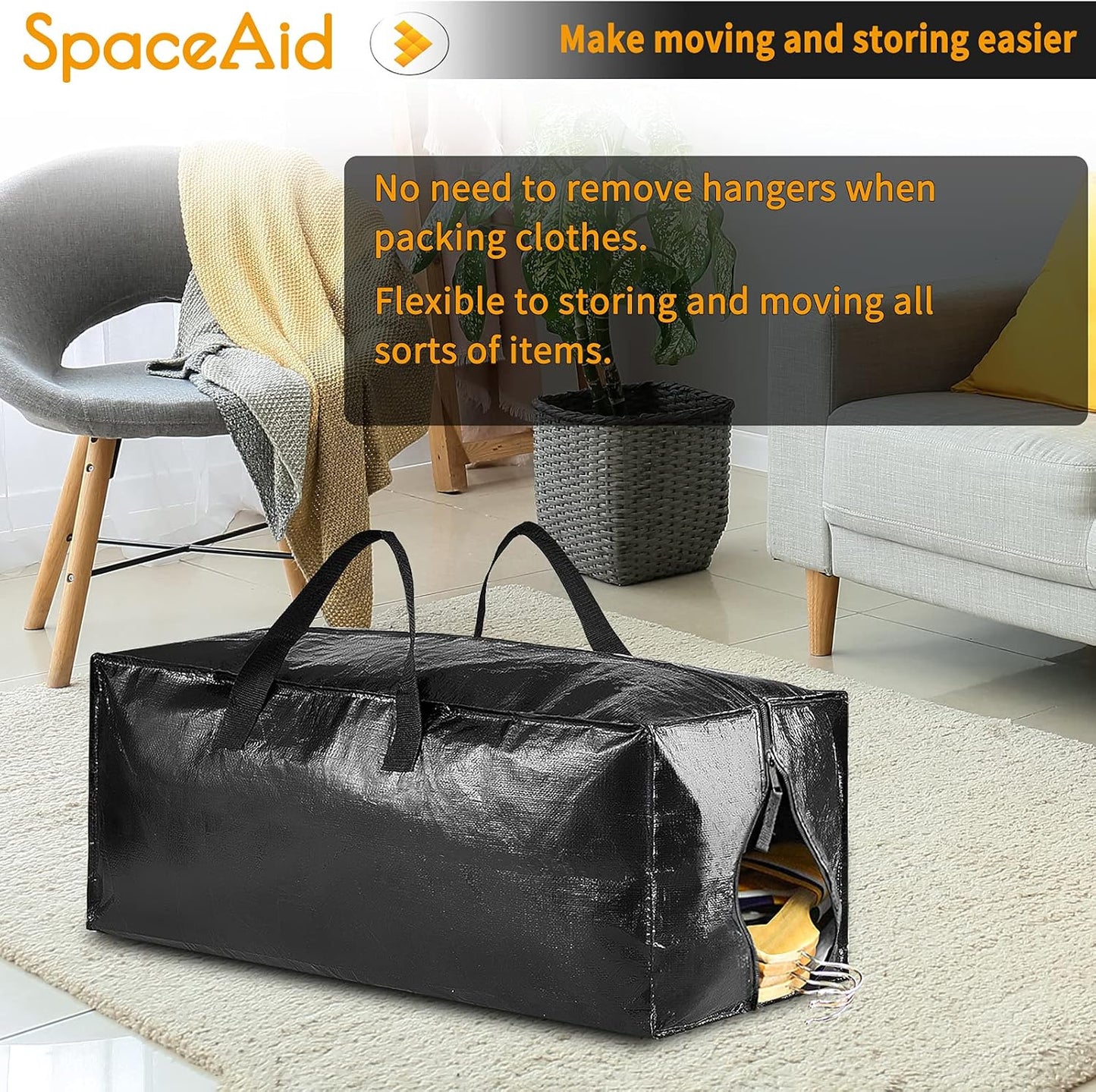 SpaceAid Heavy Duty Moving Bags - 8 Pack Large Storage Totes with Backpack Straps & Strong Handles - Black