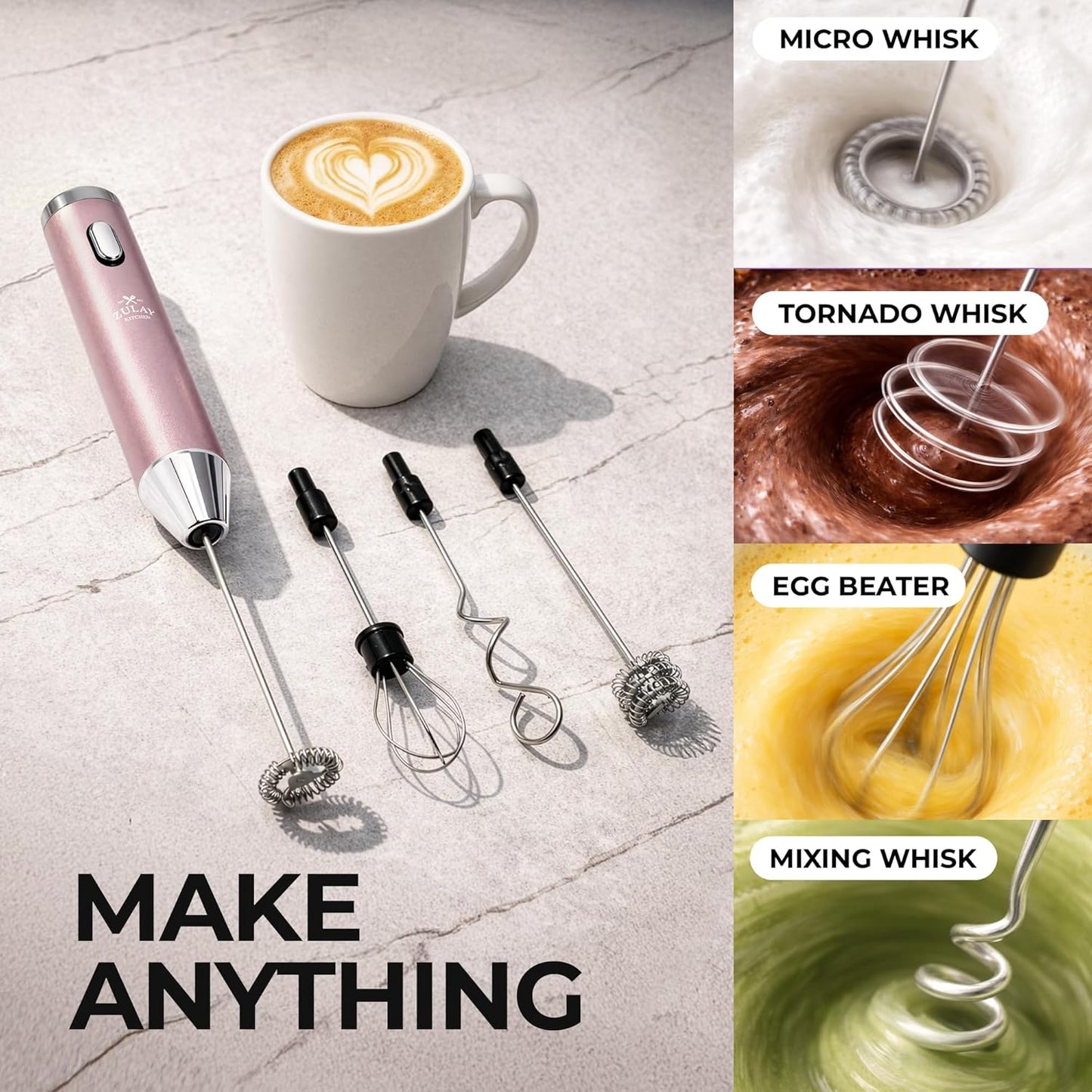 Zulay Kitchen Rechargeable Milk Frother - Handheld Electric Mixer with 3 Whisk Attachments | USB-C Charging, Lasts 6 Months