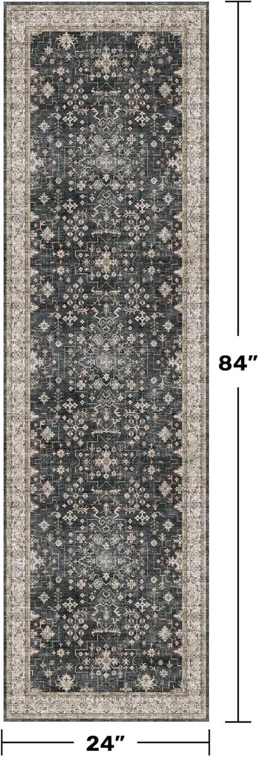Regine Switzerland Black 2x7 Long Runner Rug - Non-Slip, Washable, Boho Vintage Floral Design