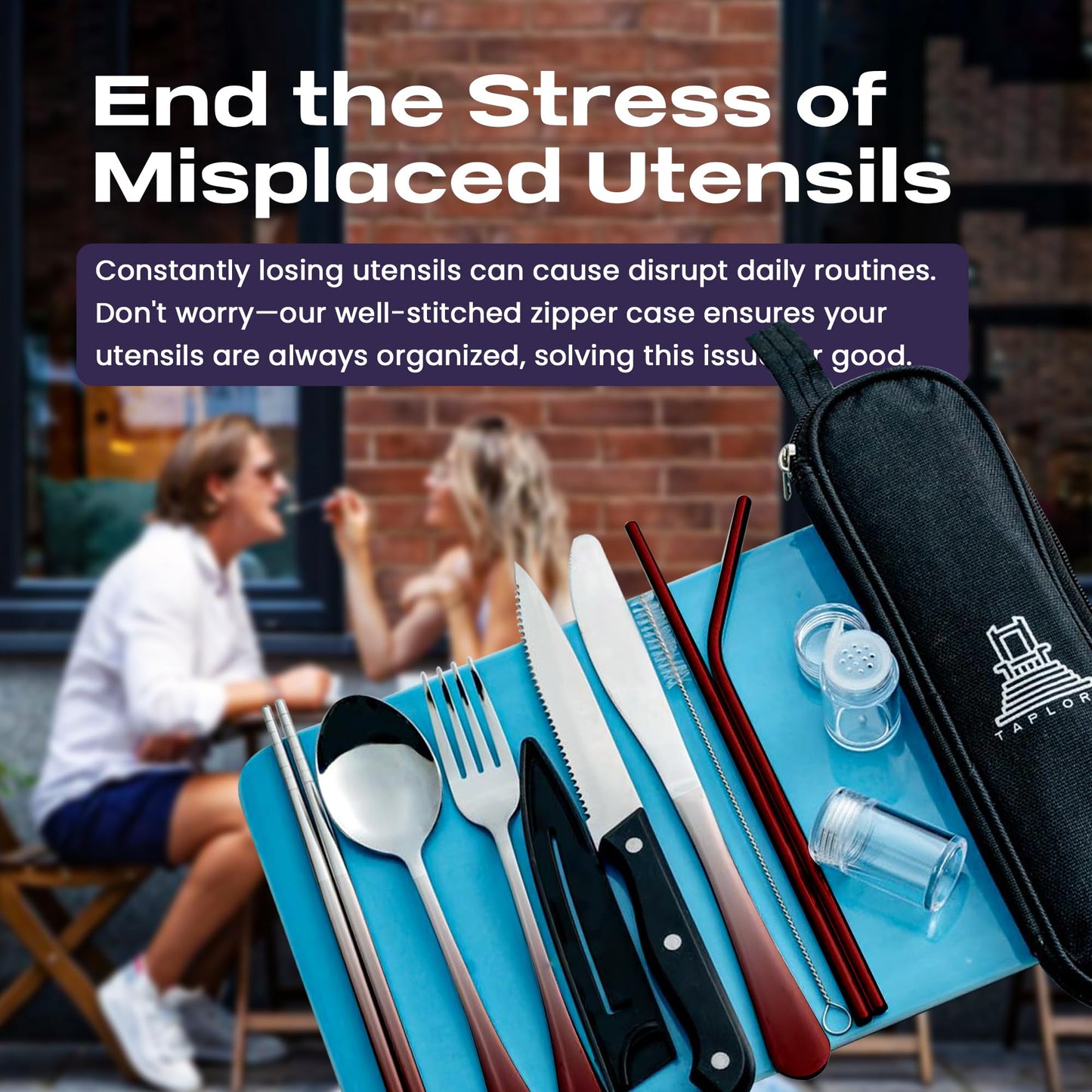 Taplord Portable Travel Silverware Set With Case - Includes 10 Pcs of Utensils, Stainless Steel Flatware For Camping, Easy to Travel, Lightweight (Red Two Tune)