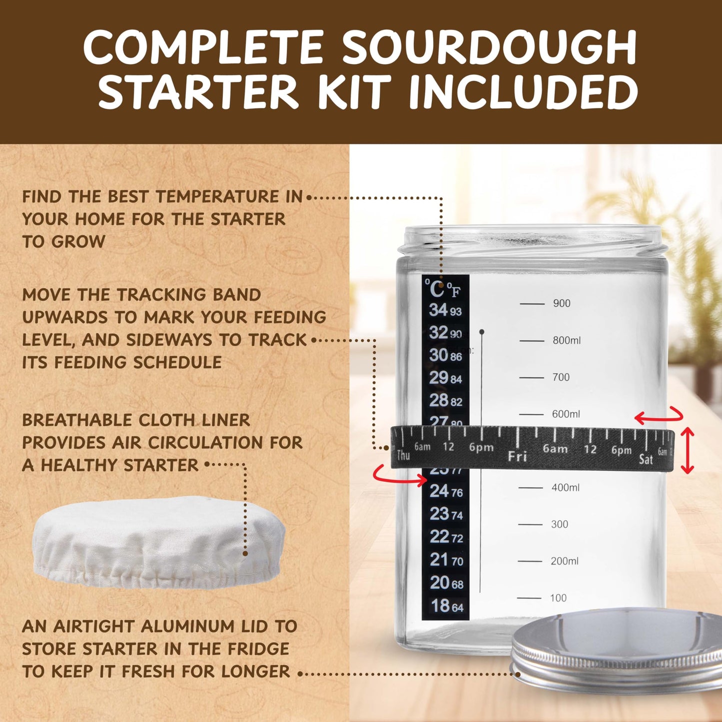 Complete Sourdough Bread Starter Kit, Glass Sourdough Starter Jar Kit & Tons of Sourdough Bread Baking Supplies - Sourdough Starter Kit Includes Sourdough Jar, Banneton Basket (2x Baskets and Jar)