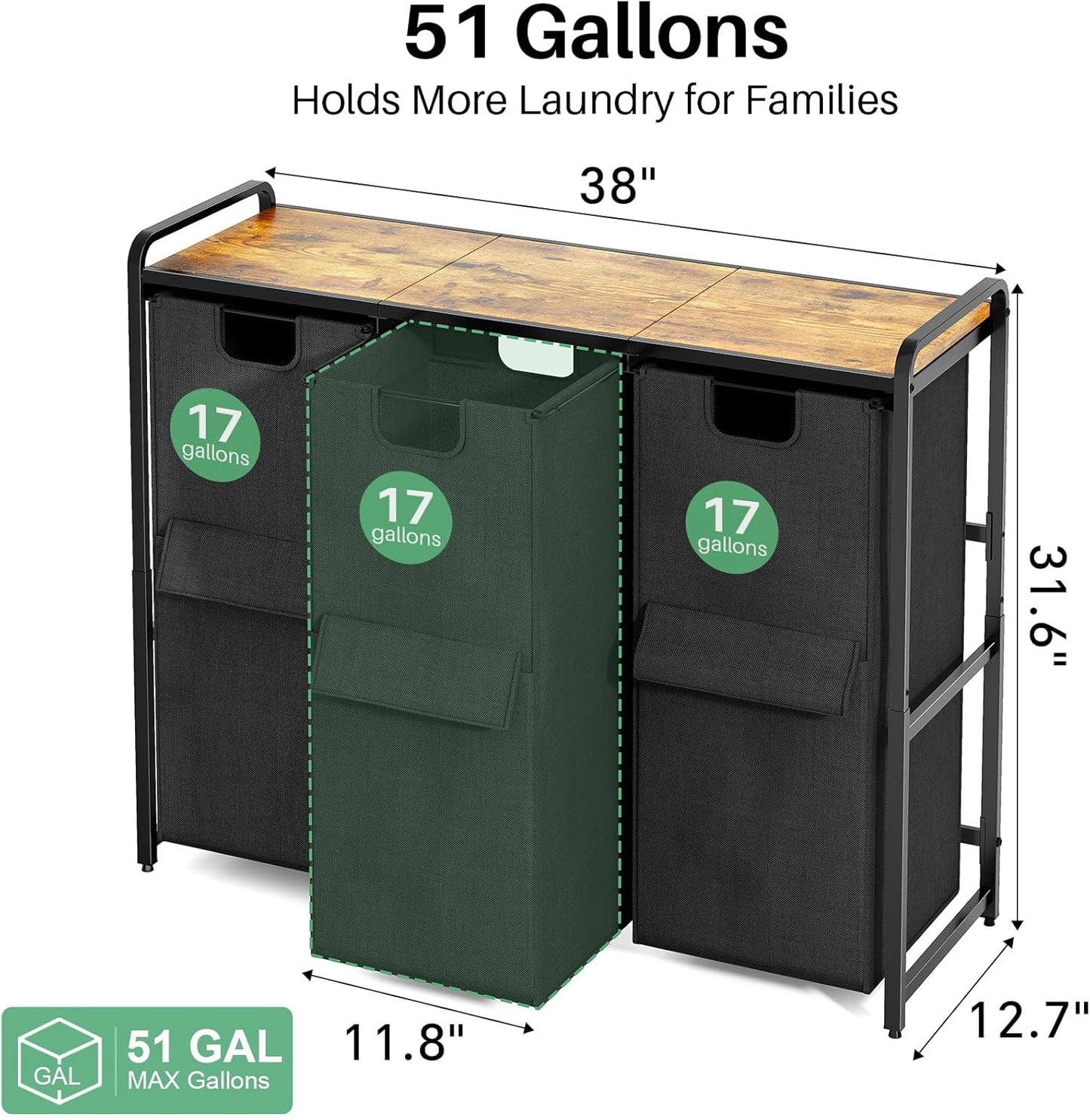 Kitstorack Laundry Hamper - 3-Section 51 Gallon Organizer for Efficient Laundry Room Storage