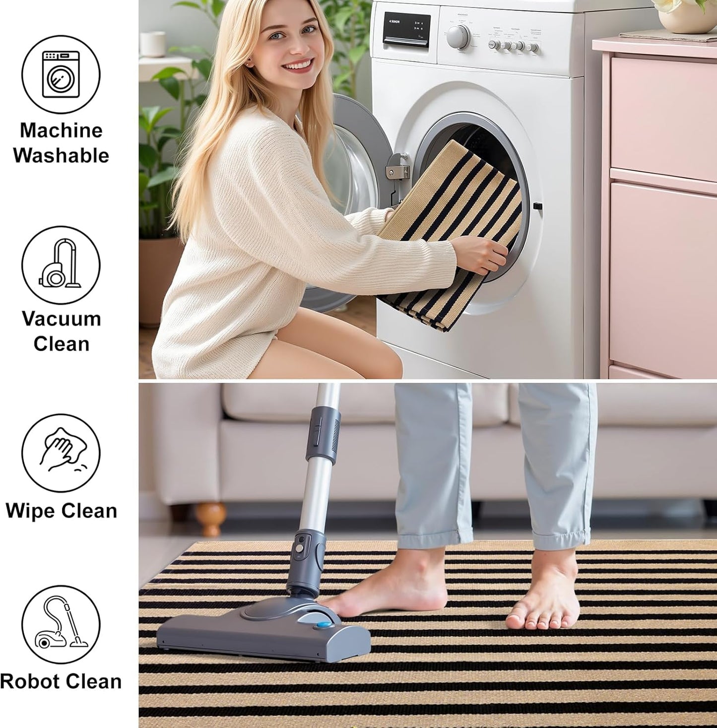 OLANLY Striped Rug - Washable Brown and Black Cotton Doormat 4' x 6' for Indoor/Outdoor Use