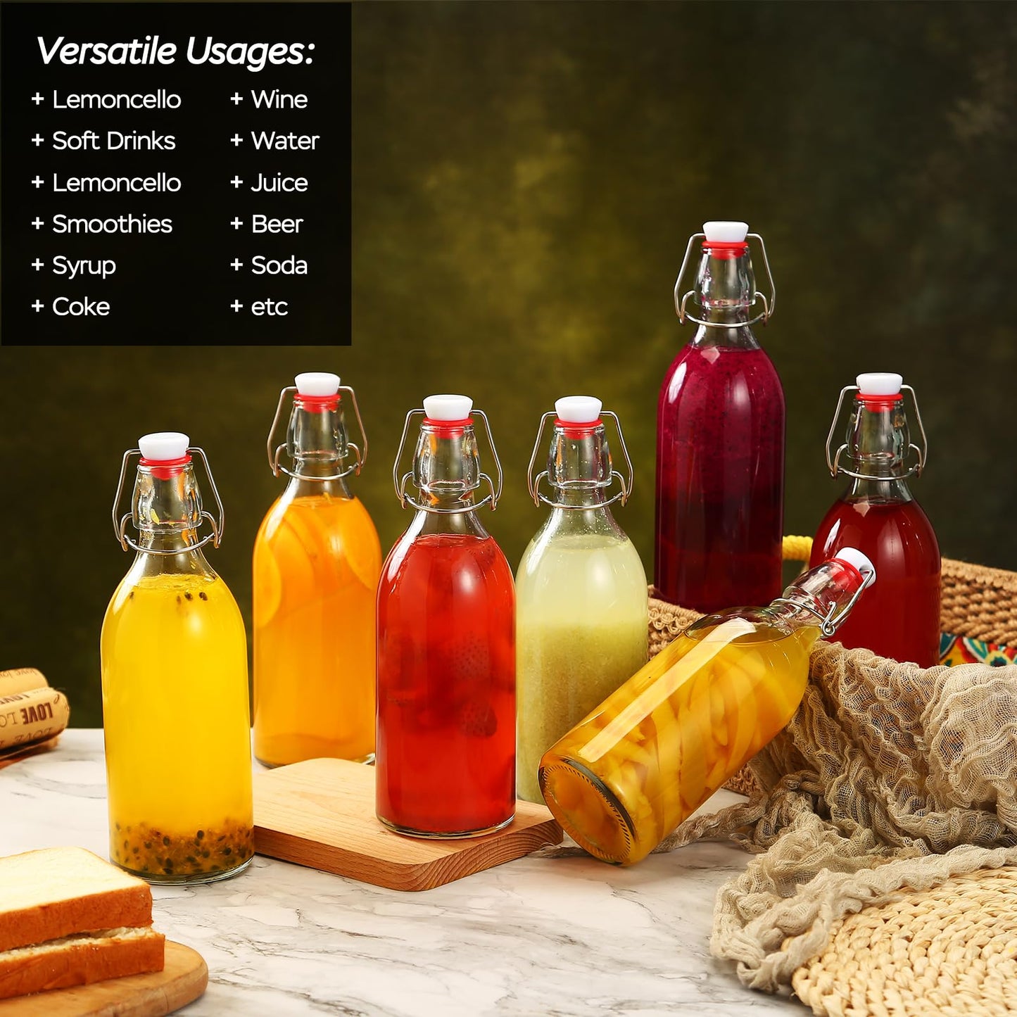 4 Pack Swing Top Glass Bottles 32 oz,Flip Top Glass Bottles 32 oz with Airtight Lids for Home Brewing,Kombucha,Kefir,Vanilla Extract,Beer,Oil,Vinegar,Homemade Juices,Soda,Beverages,2nd Fermentation