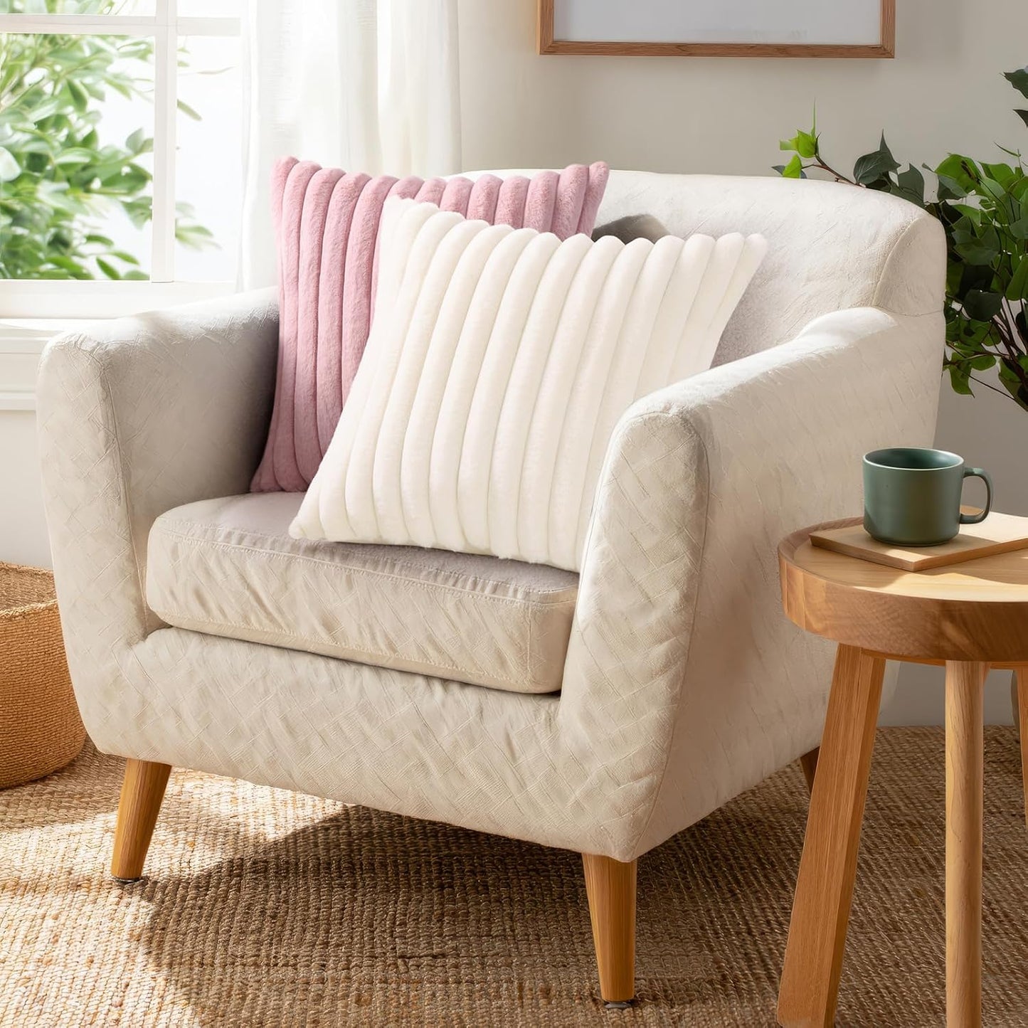 Pallene Faux Fur Throw Pillow Covers - Luxury Soft Fluffy Striped Set of 2 | 18x18 Cream White