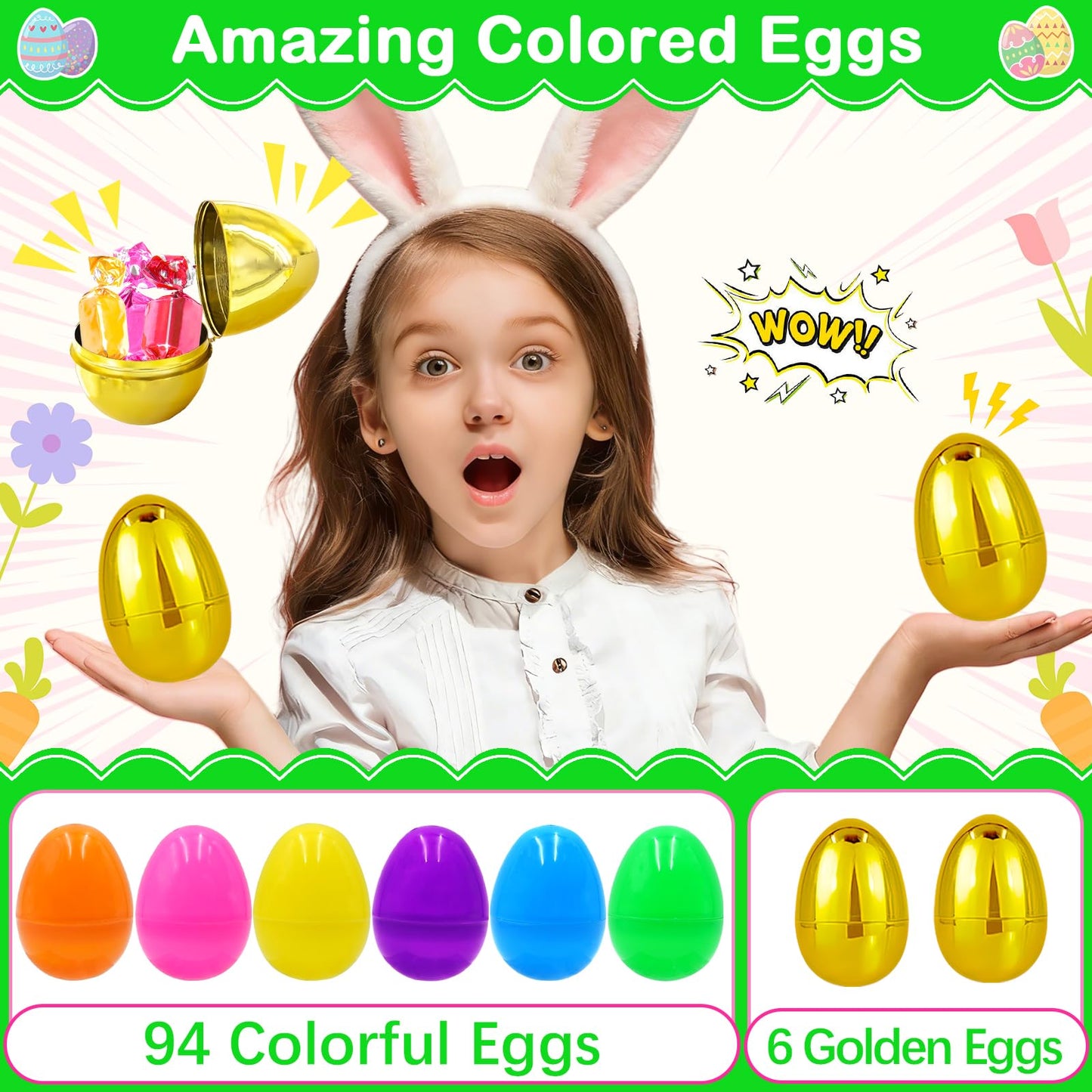 ZICZLI 100 PCS 2.4" Plastic Easter Eggs with 6 Golden Eggs, Empty Fillable Bright Colorful Eggs for Kids Boys Girls Easter Hunt Classroom Prizes Basket Stuffers Easter Party Favors