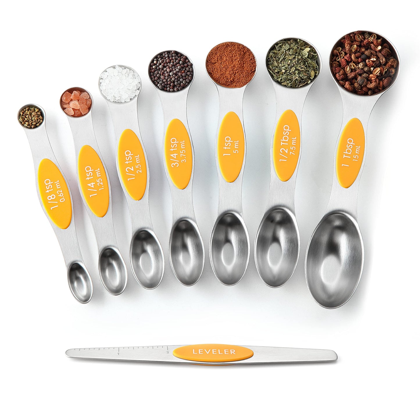 Spring Chef Magnetic Measuring Spoons Set, Dual Sided, Stainless Steel, Fits in Spice Jars, Mango, Set of 8, 2 Pack
