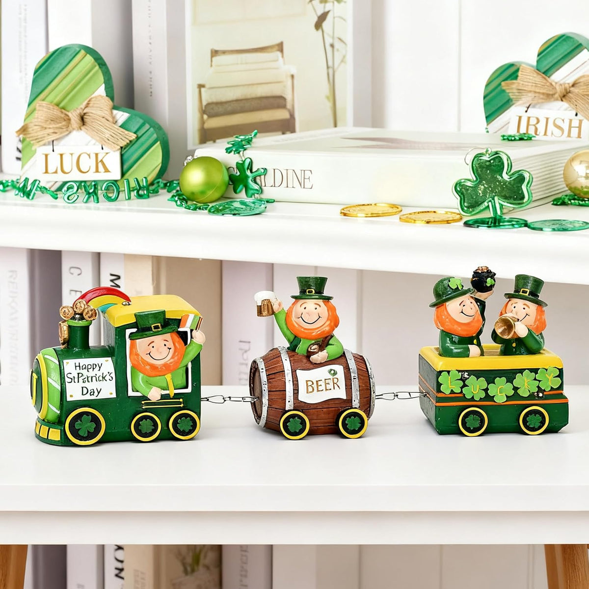 Valery Madelyn St. Patrick's Day Decorations - Lighted LED Train & Leprechaun with Shamrock Pot of Gold | Festive Table Centerpiece