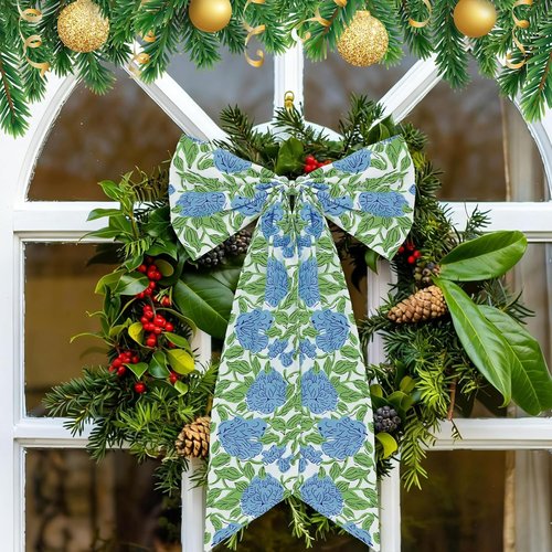 HunnmingRe Hydrangea Bow Wreath Sash - 24 x 16 Inch Holiday Floral Decor for Front Door | Blue Green