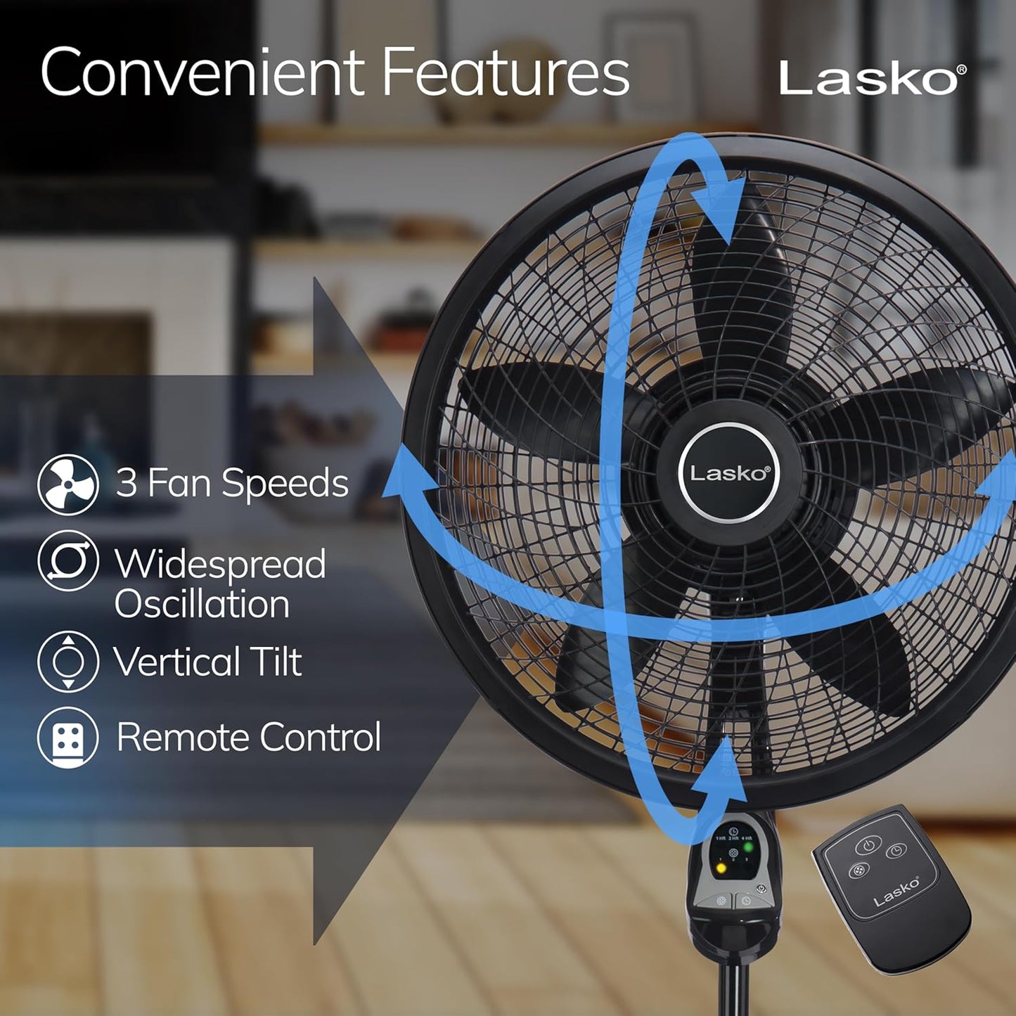 Lasko Oscillating Cyclone Pedestal Fan - Adjustable Height, Remote Control, 3 Speeds | 18" Black