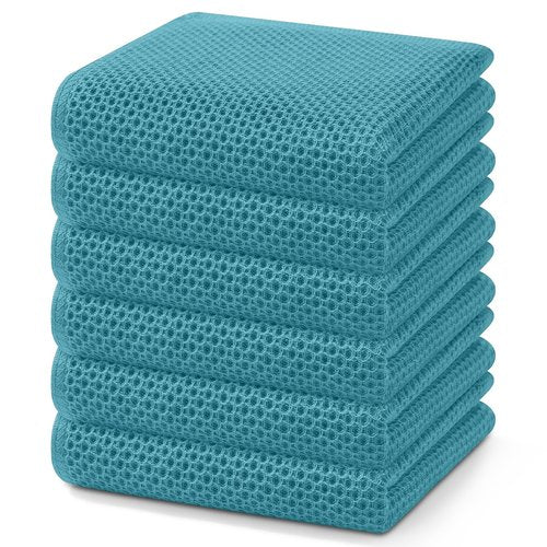 Homaxy 100% Cotton Waffle Weave Kitchen Dish Towels, Ultra Soft Absorbent Quick Drying Cleaning Towel, 13 x 28 Inches, 6-Pack, Lake Blue