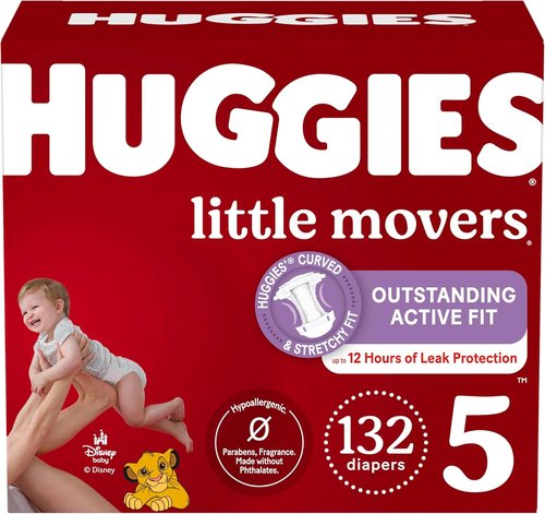Huggies Little Movers Size 5 Diapers - 132 Count (2 Packs of 66) for Babies 27+ lbs
