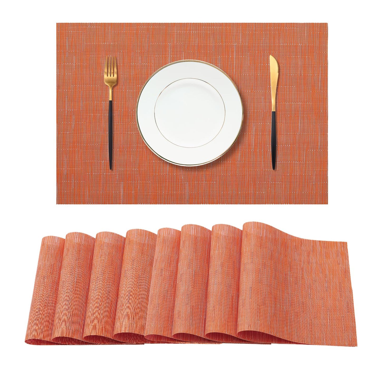 Leetaltree Orange Placemats Set of 8 - Heat Resistant Non-Slip Place mats for Dining Table, Washable Durable PVC Vinyl Woven Table Mats（Orange, 8）
