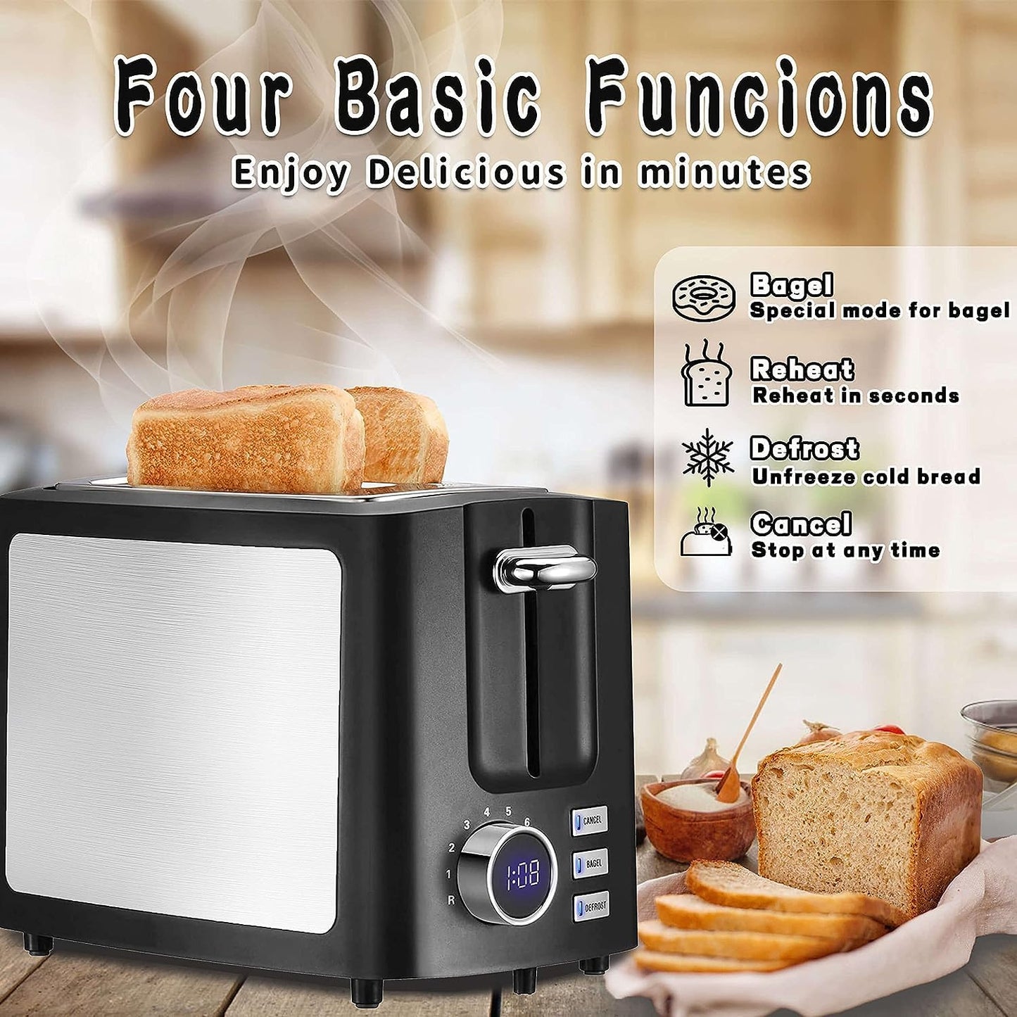 Skiennix 2-Slice Wide Slot Toaster - Smart LCD Countdown Timer with Bagel & Defrost Functions