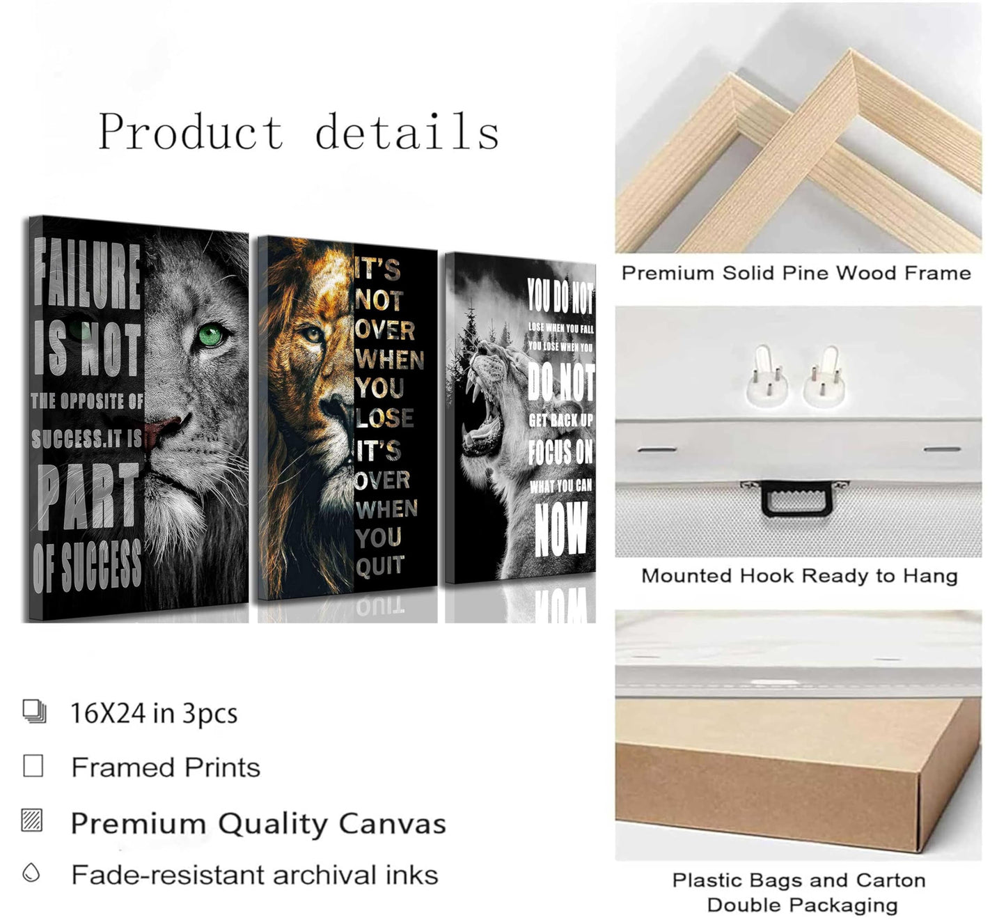 3 Pieces Office Inspirational Canvas Wall Art Modern Motivational Quotes Black And White Lion Pictures Wall Decor Inspiring Poster Print Artwork for Living room Man Room Bedroom Home Decoration