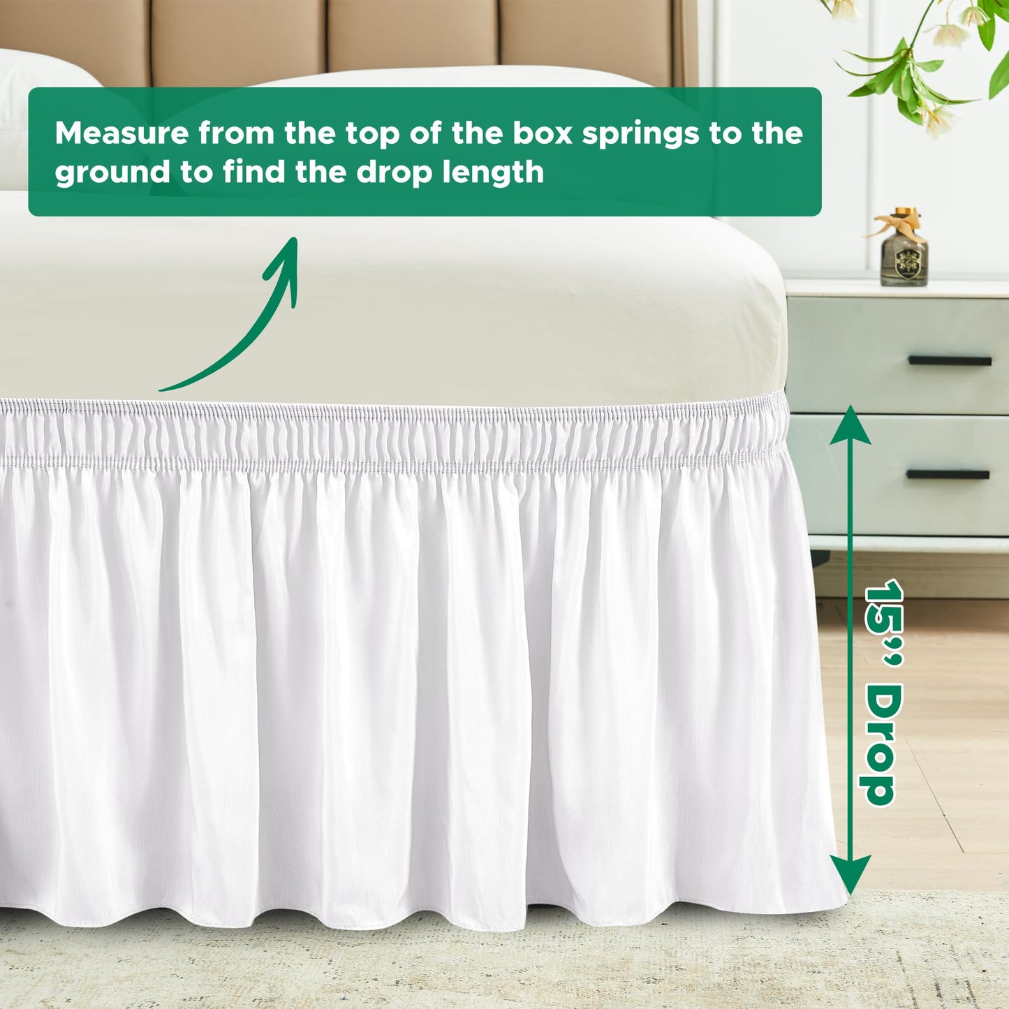 Biscaynebay Wrap Around Bed Skirts for Queen Beds 15" Drop, White Adjustable Elastic Dust Ruffles Easy Fit Wrinkle & Fade Resistant Silky Luxurious Fabric Machine Washable