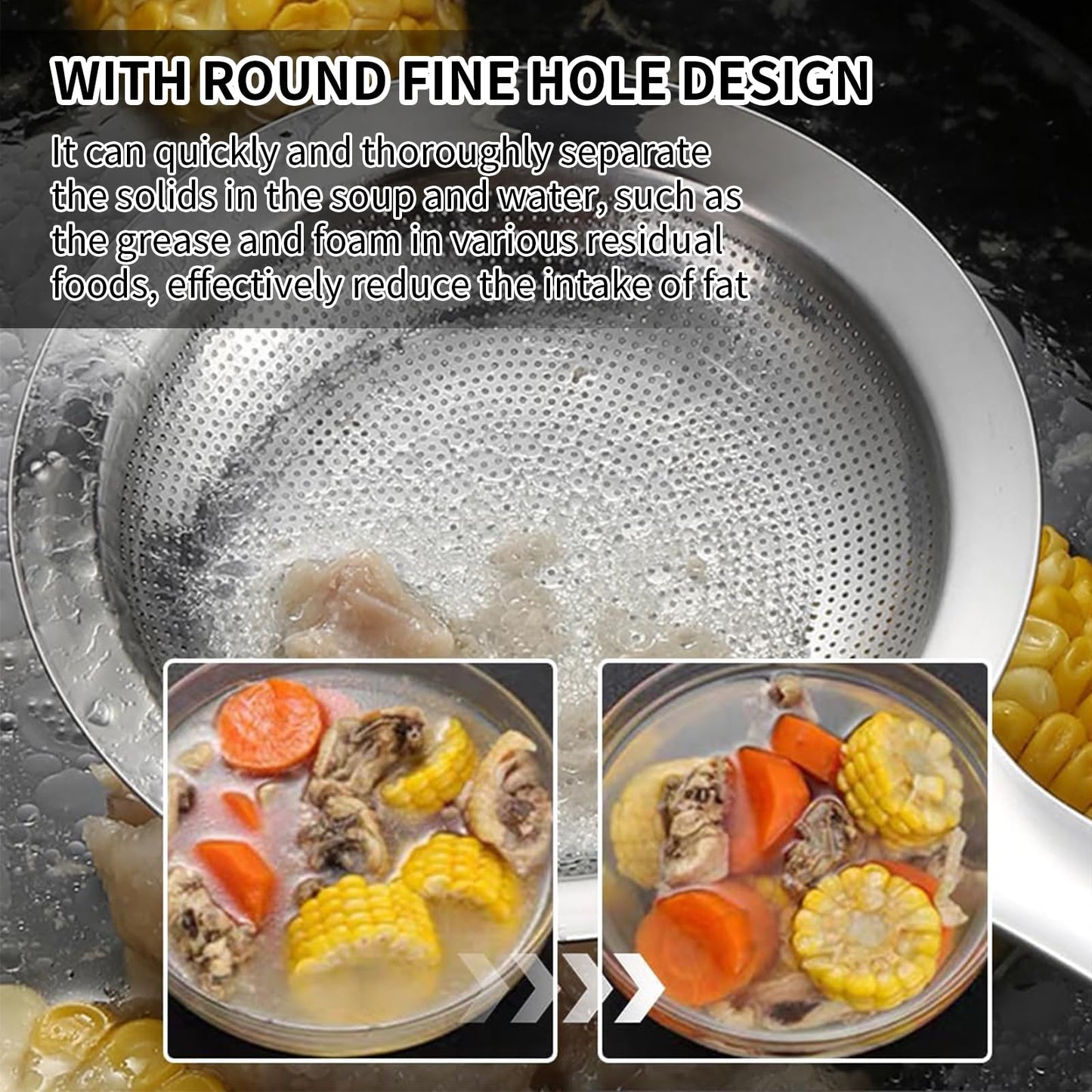 Stainless Steel Colander, 2024 Upgrade Extra Fine Mesh Strainer with Handle, Oil Filter Food Strainer, Kitchen Gadget (Small+Large)