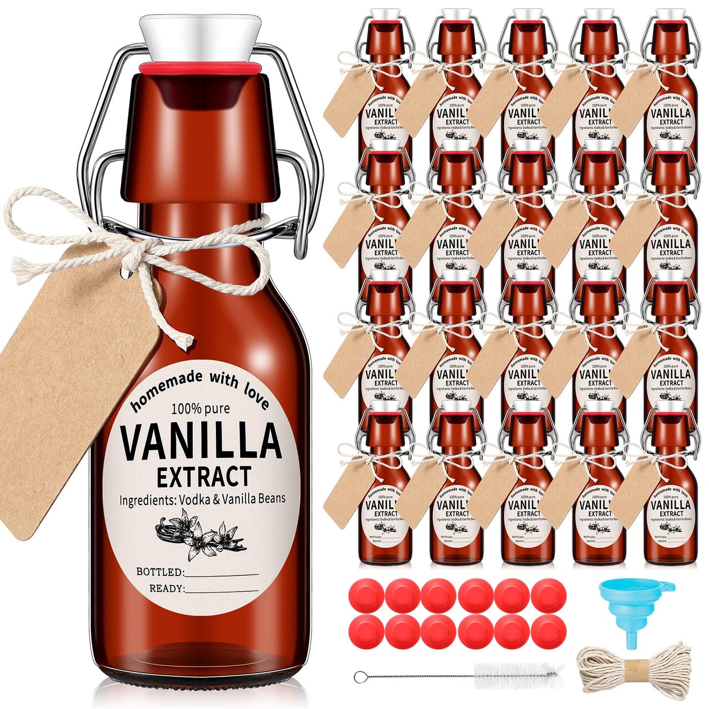 Vesici 12 Sets Swing Top Glass Bottles Set Amber Homemade Vanilla Extract Bottles Vanilla Extract Jars for Christmas DIY Crafts (8 Oz)