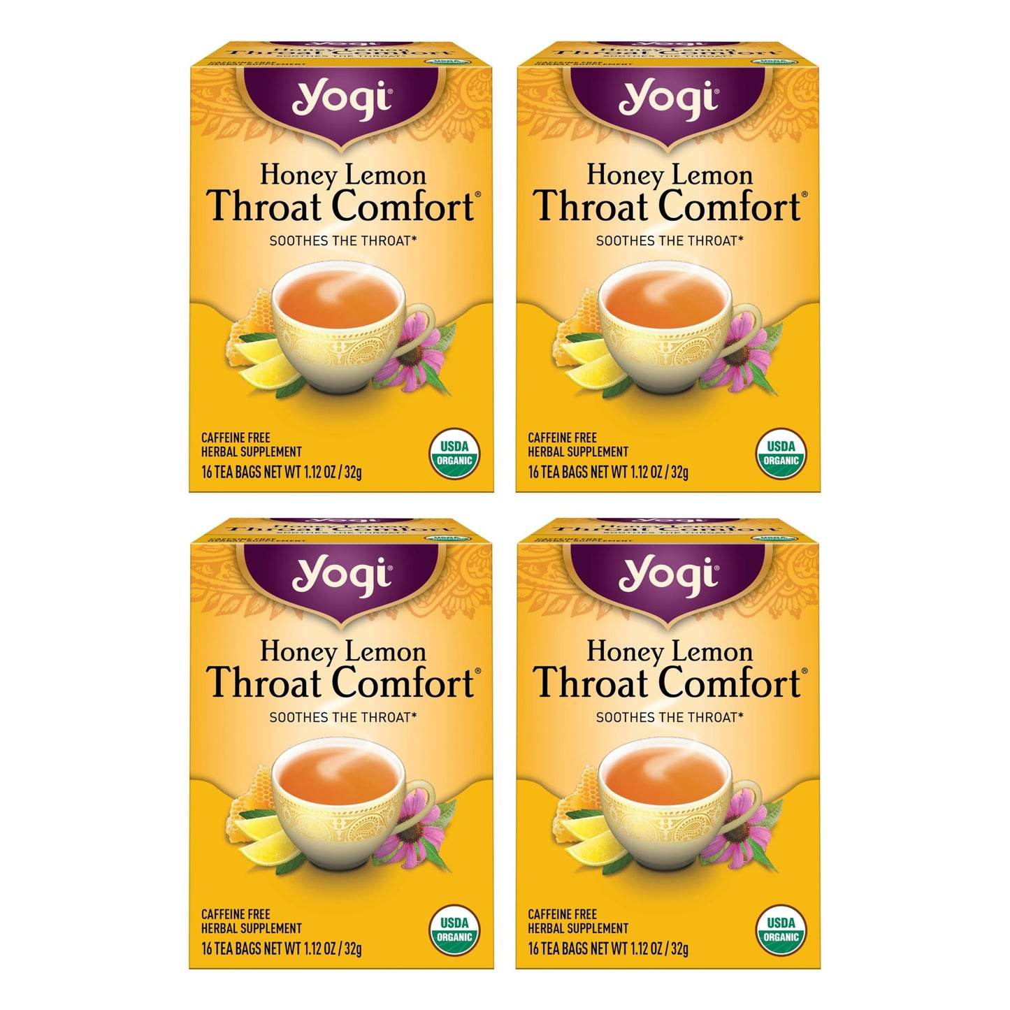 Yogi Tea Honey Lemon Throat Comfort - 16 Bags per Pack (4 Packs) - Soothing Organic Honey Tea - Includes Lemongrass, Peppermint Leaf, Licorice Root, Wild Cherry Bark, Black Pepper & More