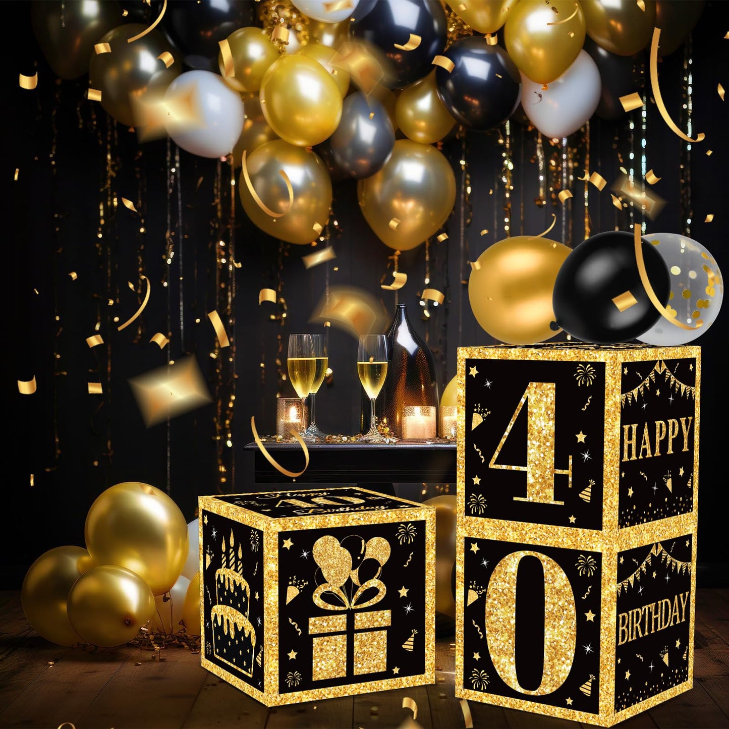 40th Birthday Decorations Boxes for Men- 3PCS Black Gold Happy 40th Birthday Balloons Boxes, 40 Year Old Party Supplies for Men Women