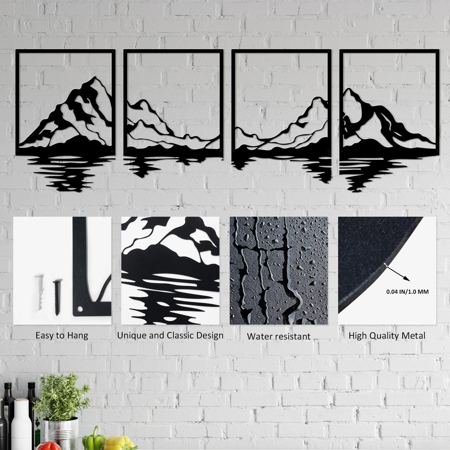 ESTART 4 Pcs Metal Mountain Wall Art, Large Mountains Wall Decor, Mountain Forest Decorative Painting Suitable For Living Room Bedroom Office Indoor And Outdoor (Mountains Rivers Large)