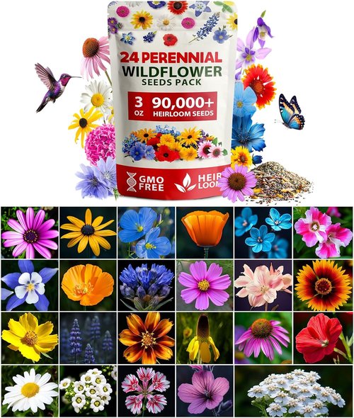 Home Grown Wildflower Seeds Mix - 90,000+ Non-GMO Perennial Seeds for Butterflies & Pollinators | 3oz, 24 Varieties