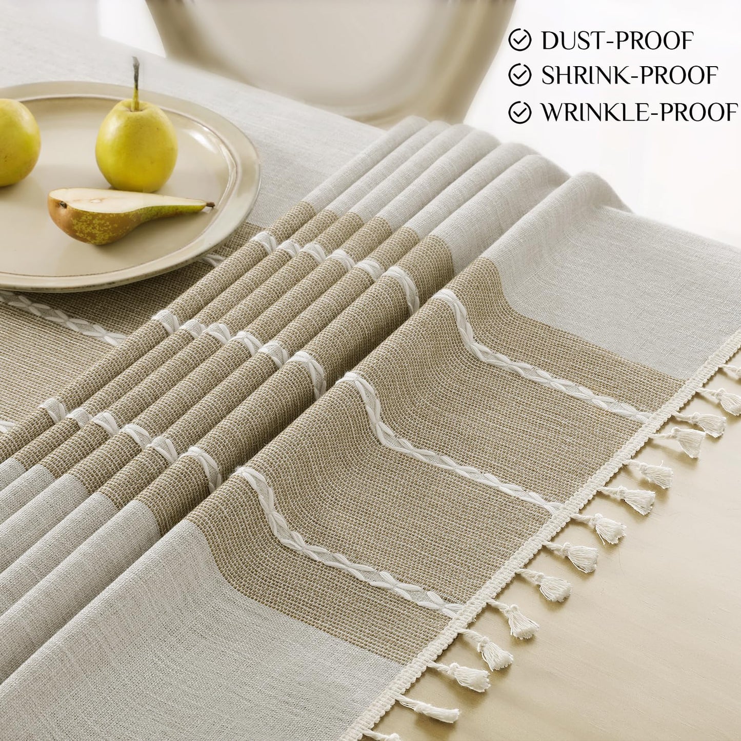 Softalker Outdoor Tablecloth Rectangle, Waterproof Linen Cotton Farmhouse Table Cloths with Tassel, Heavy Weight Wrinkle Free Boho Table Cover for Picnic Camping Dining - 55 x 70 Inch, Coffee Lines