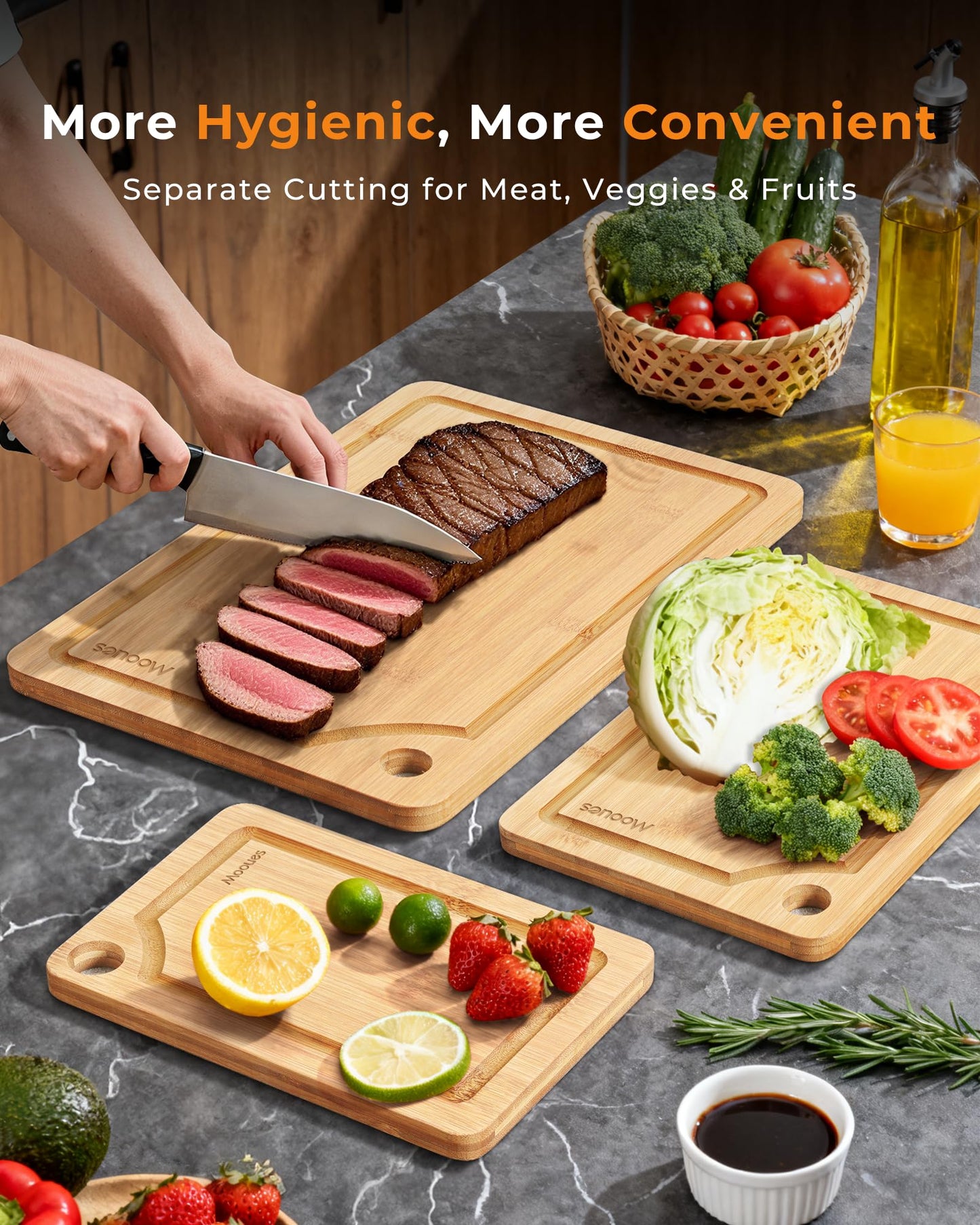 Bamboo Cutting Board for Kitchen, Knife-Friendly Wooden Cutting Boards Set 3-Piece with Juice Groove, Durable Chopping Boards for Meat, Vegetables, Fruits, Cheese(Natural)