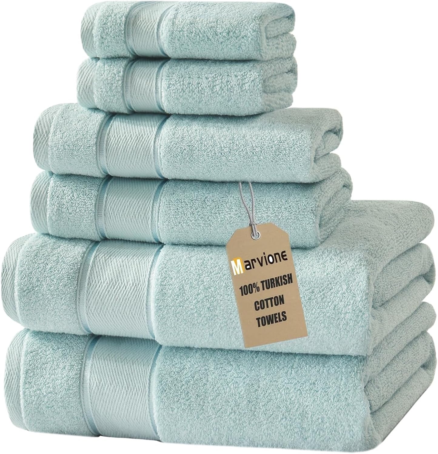 Marvione 6-Piece Bath Towels Set - 100% Turkish Cotton, Highly Absorbent & Soft | Light Aqua Blue