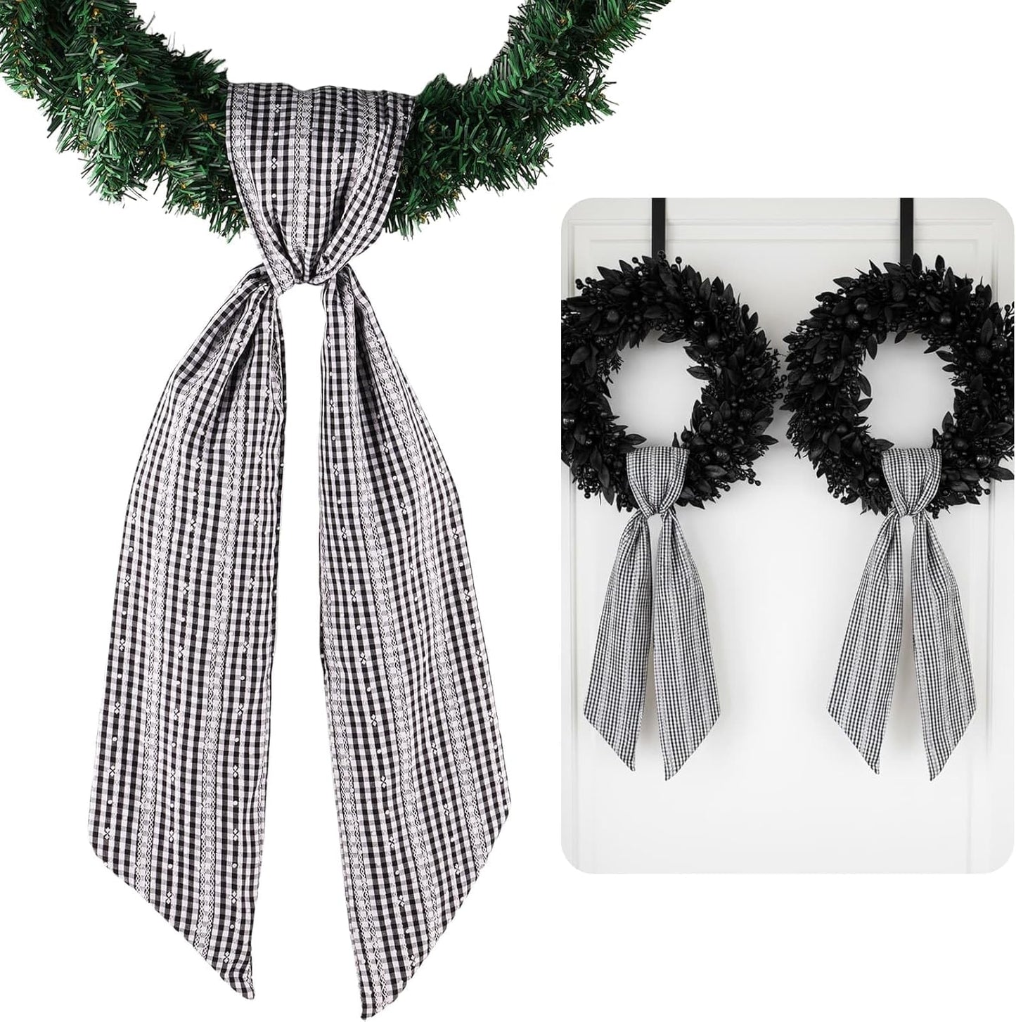 Regine Switzerland 2-Pack Jacquard Plaid Wreath Sashes - Black & White, 5.12" x 54.33" for Modern Decor