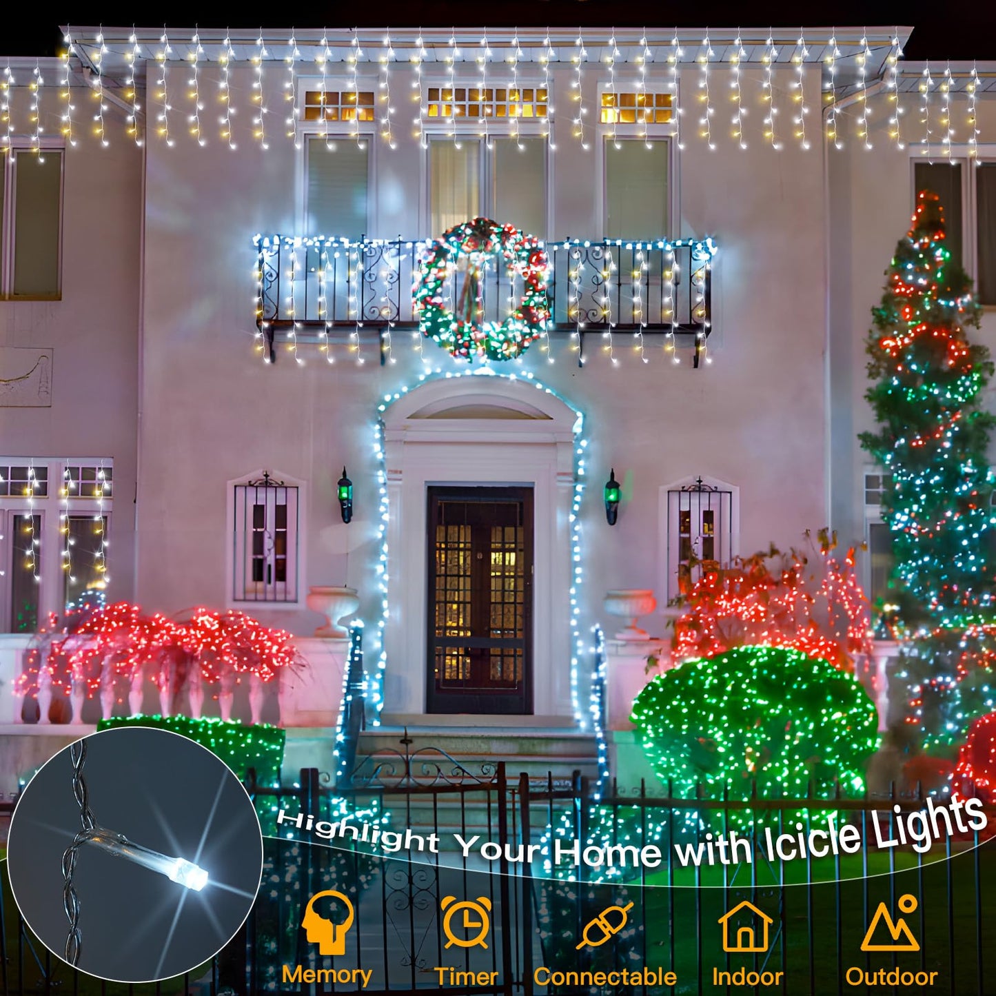 suddus Christmas Icicle Lights for Outside with 24 Drops, 23.6ft 240 Led Hanging String Lights Outdoor Waterproof, Plug in Connectable Christmas Twinkle Lights for House, Roof, Railing, Wedding Party
