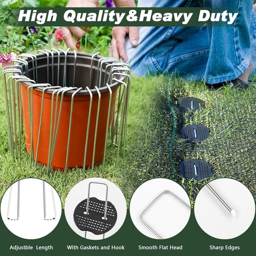 Feed Garden Galvanized Landscape Staples - 6 Inch U-Shaped Turf Stakes | 50 Pcs Anti-Rust Gaskets for Weed Barrier Fabric