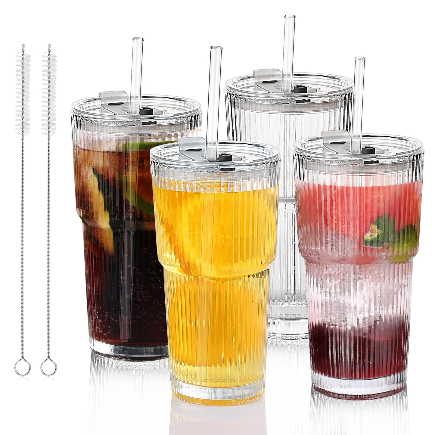 Salpae Glass Cups with Lids and Straws – 20oz Glass Tumbler with Straw and Lid, Reusable Iced Coffee Cup, Smoothie & Tea Glass, Ideal for Home, Office, Travel, 4 Pack